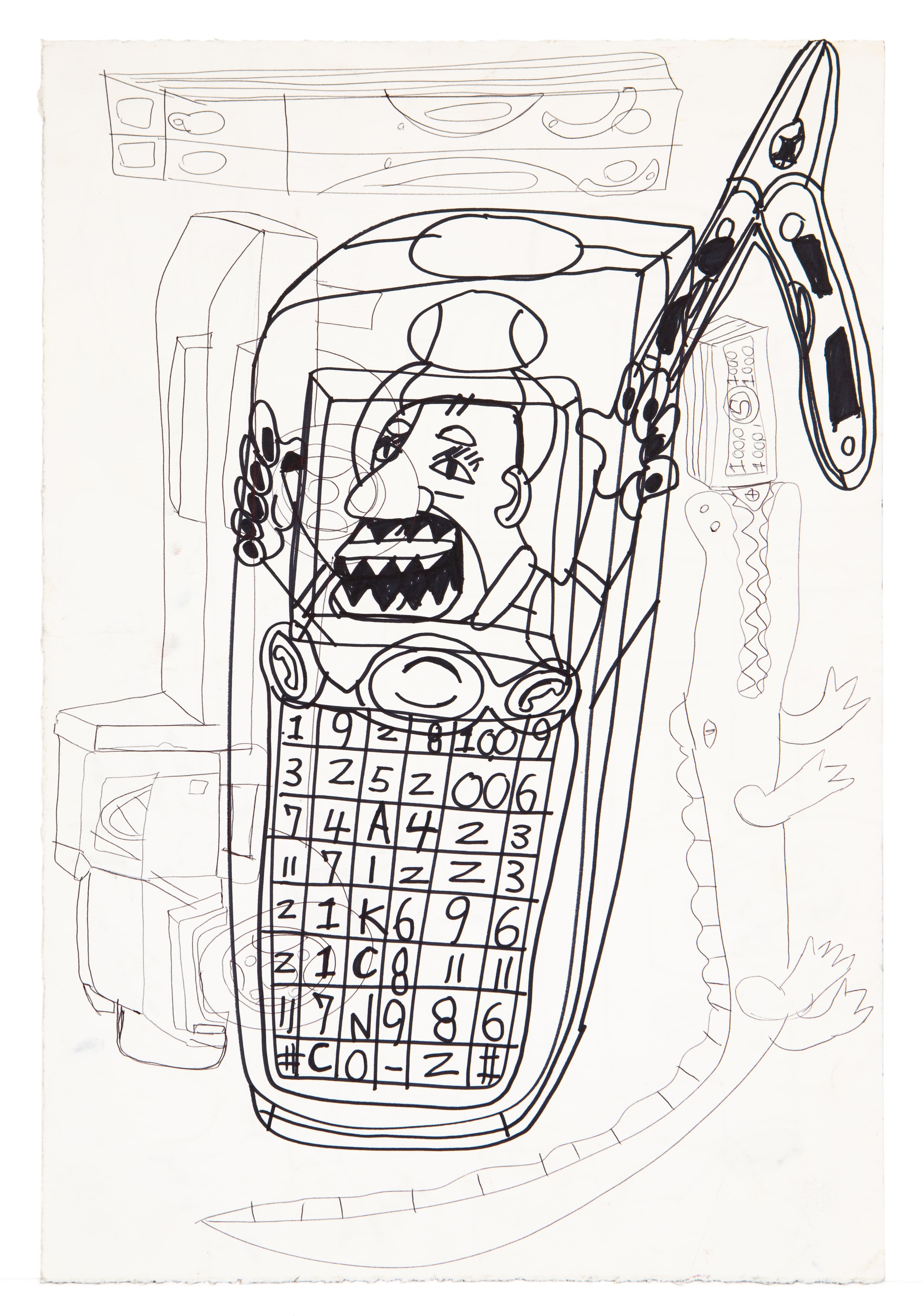 Ink drawing of a flip phone with human face showing sharp teeth, surrounded by geometric shapes and household items