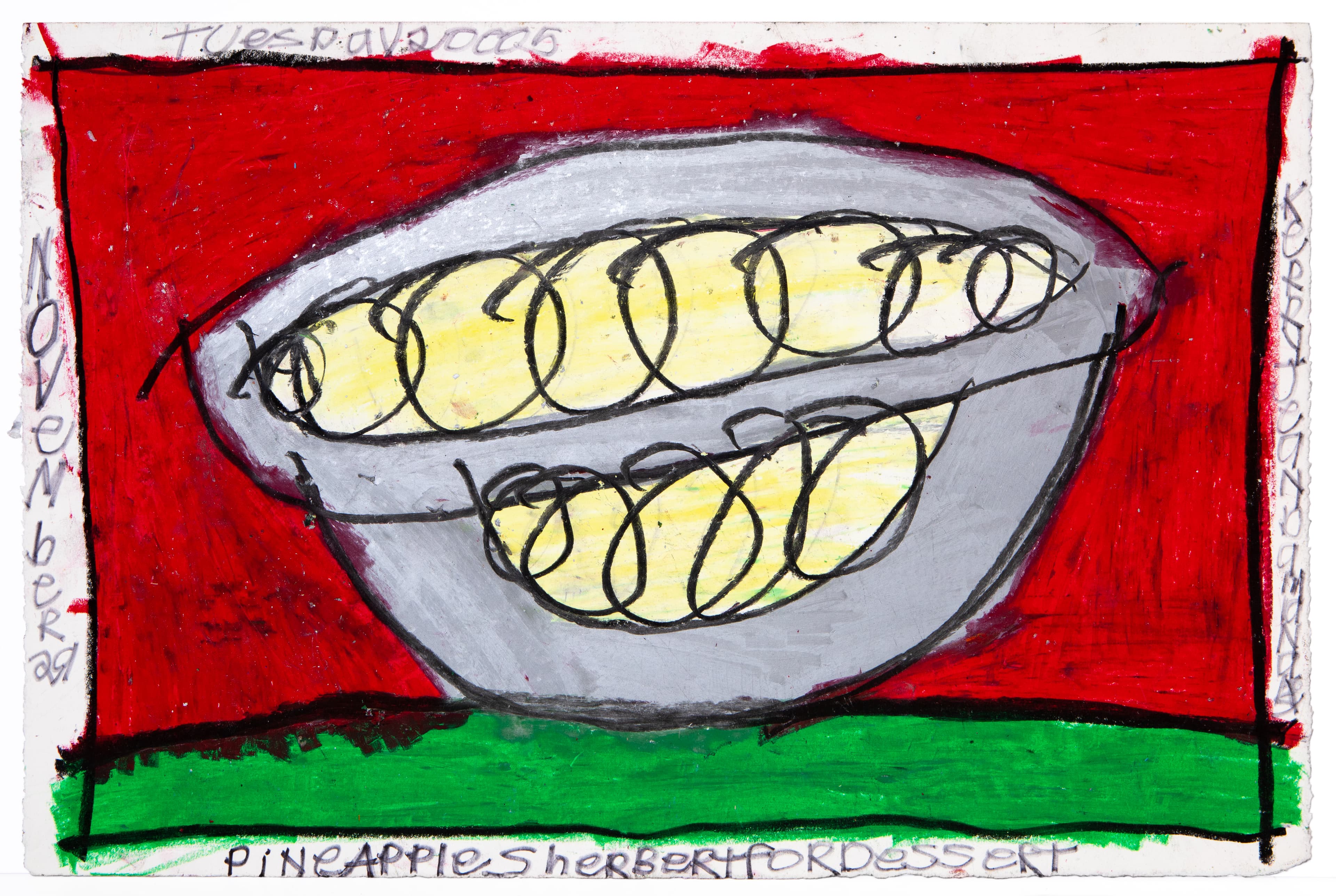 Mixed media drawing of a gray bowl containing yellow circular objects on red and green background