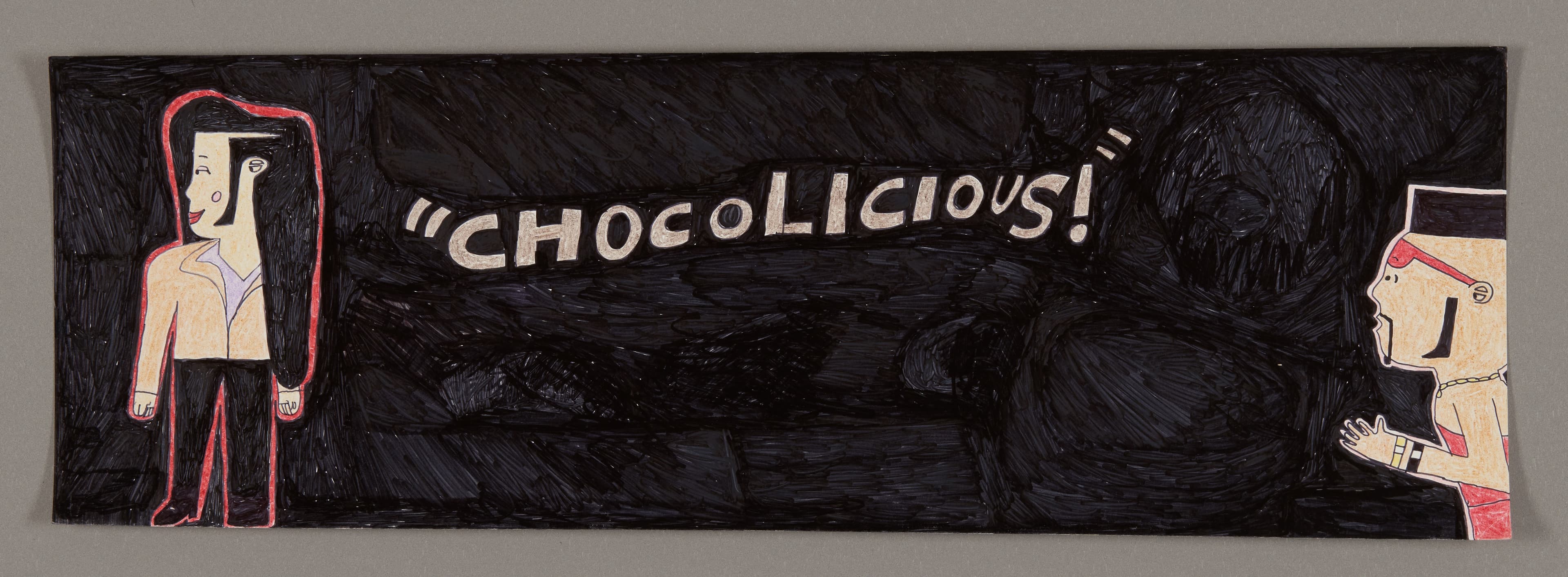 Drawing with two figures and text 'CHOCOLICIOUS!' on dark background, made with Sharpie and crayon on paper