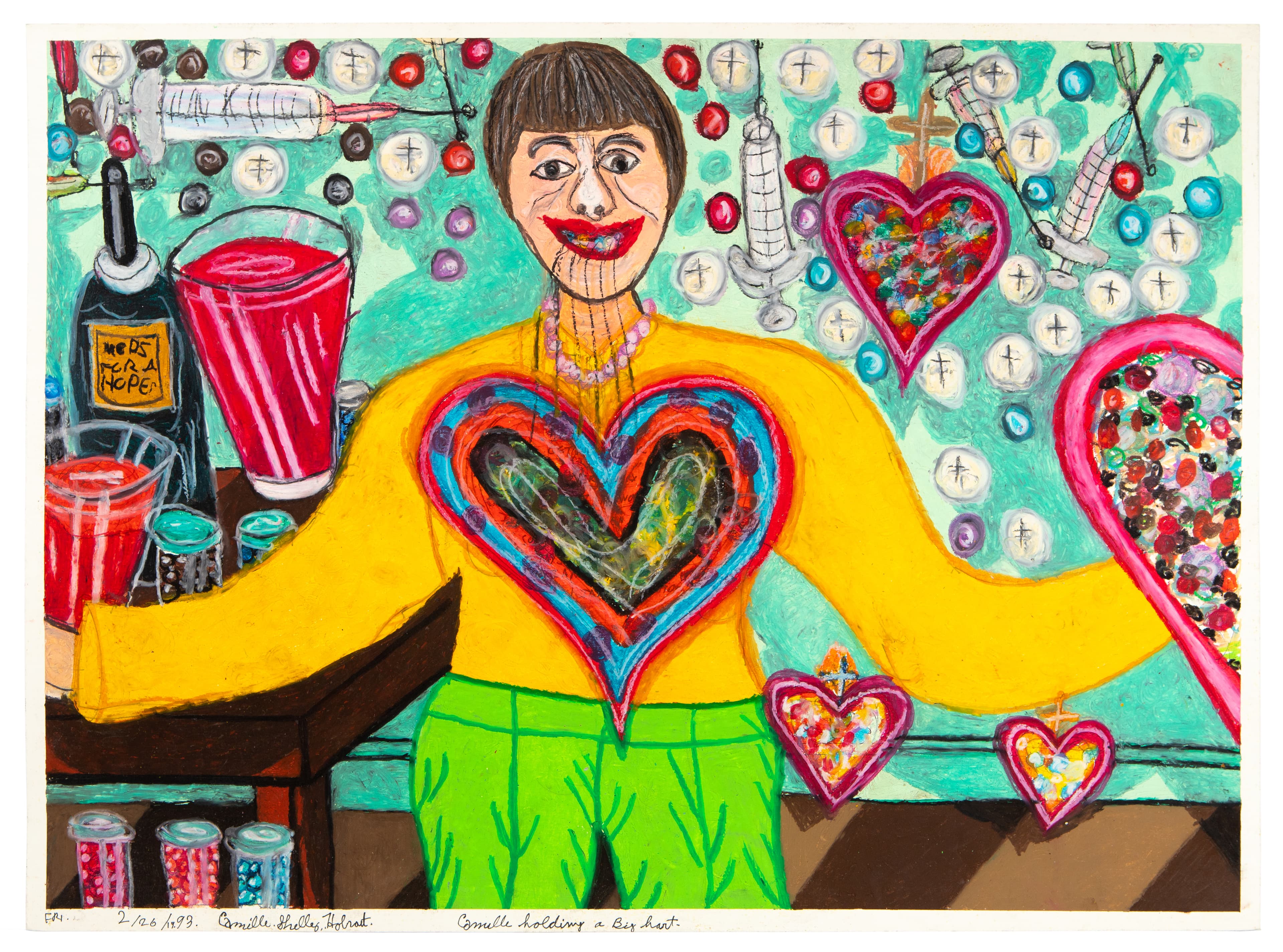 Mixed media drawing of a figure in yellow top with heart design, surrounded by medical supplies and floating hearts