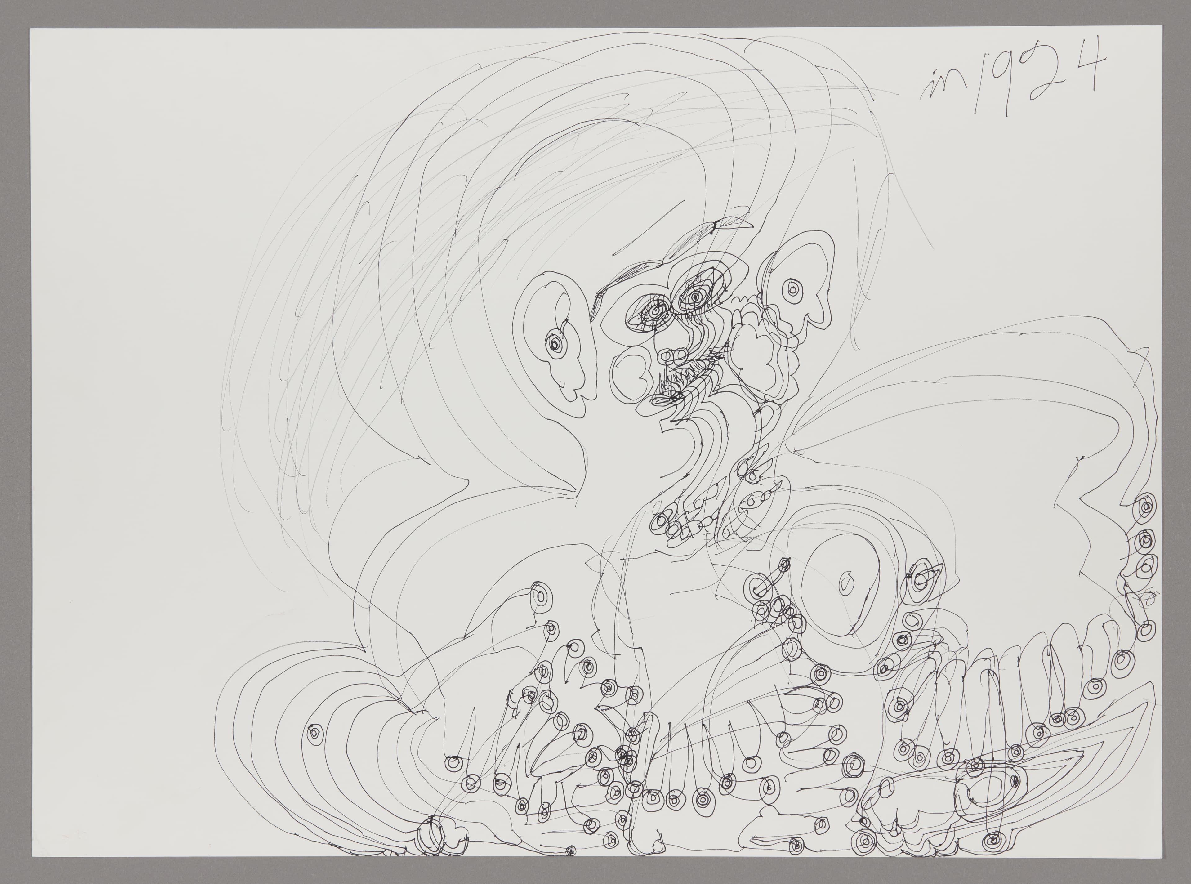 Ink drawing of intertwined figures with flowing hair and decorative elements on white paper