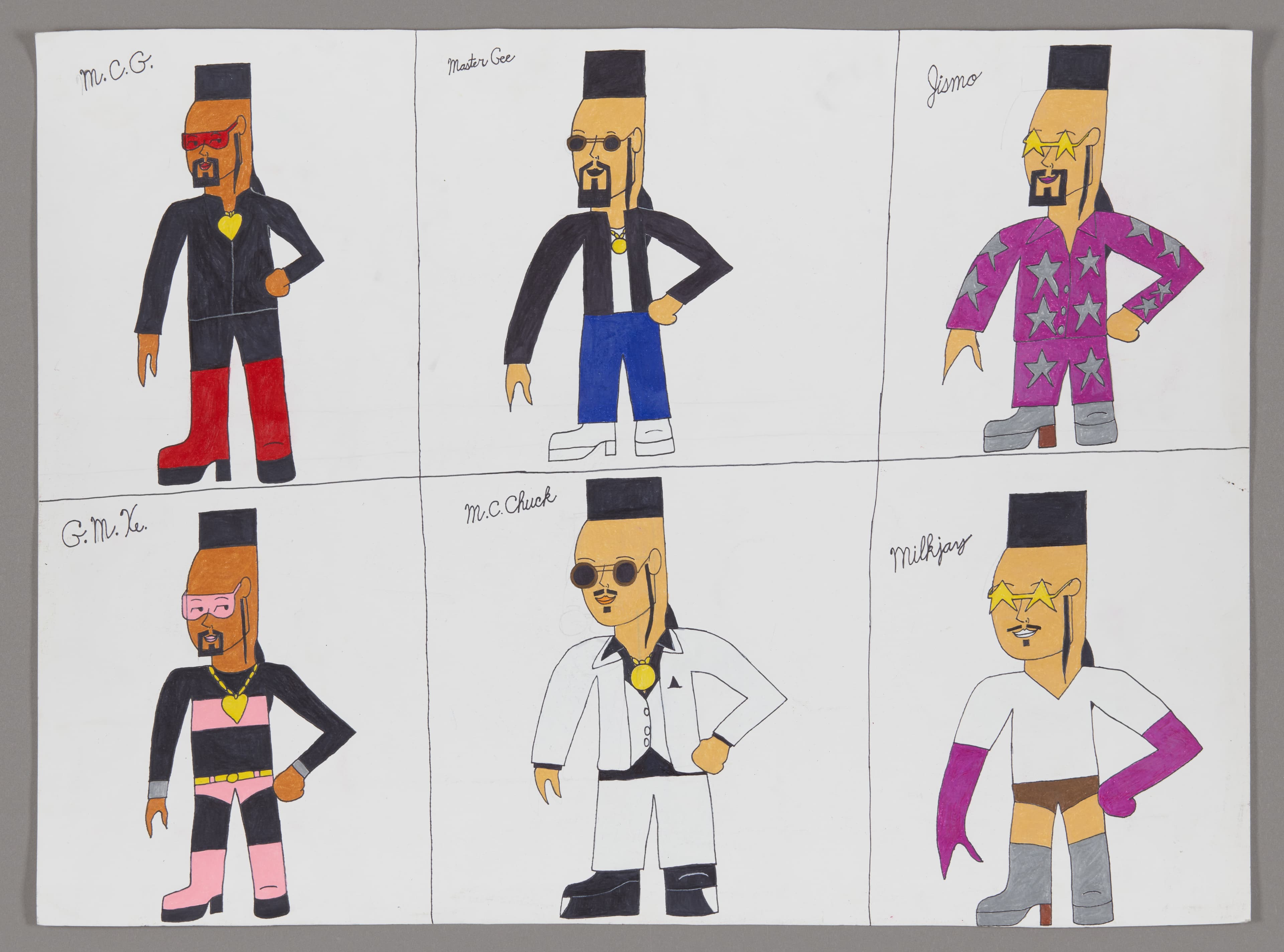 Drawing of six figures in a grid layout, each labeled with names, rendered in colored pencil and ink on paper