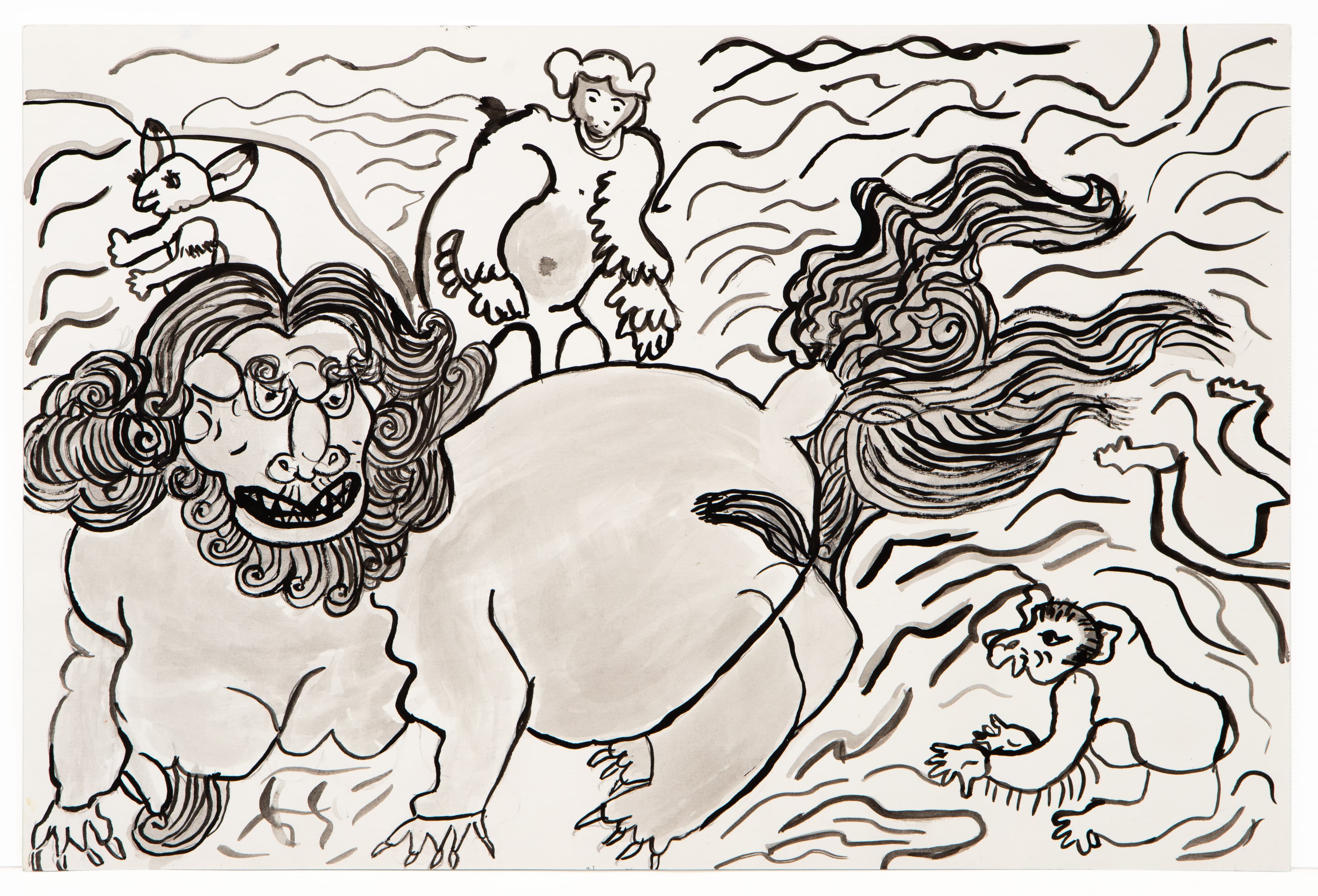 Ink drawing of mythological creatures including centaur-like figures with flowing hair and manes in swirling composition