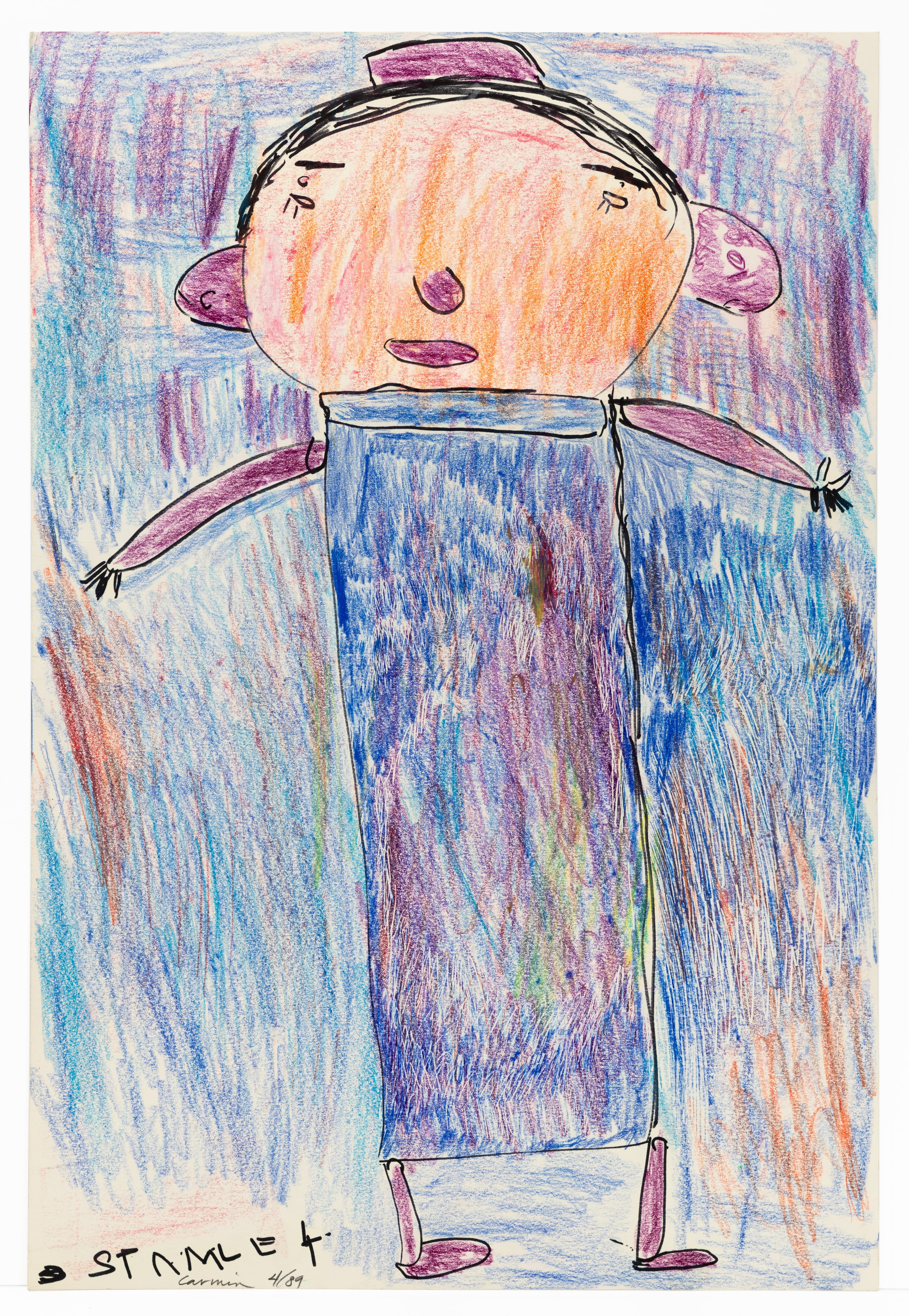 Colored pencil drawing of a figure with round head wearing hat and blue rectangular clothing
