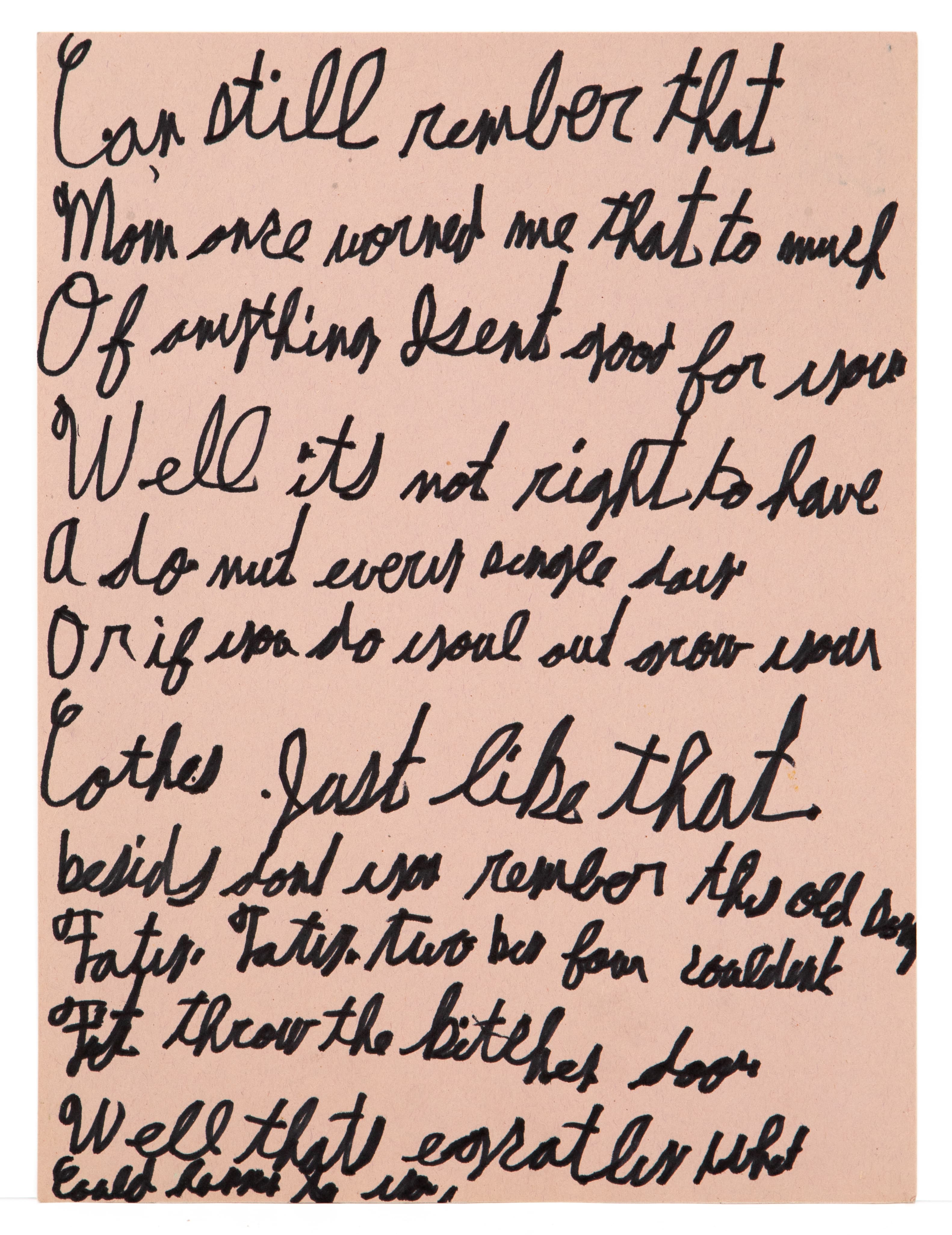 Handwritten text artwork in black ink on beige paper with cursive script