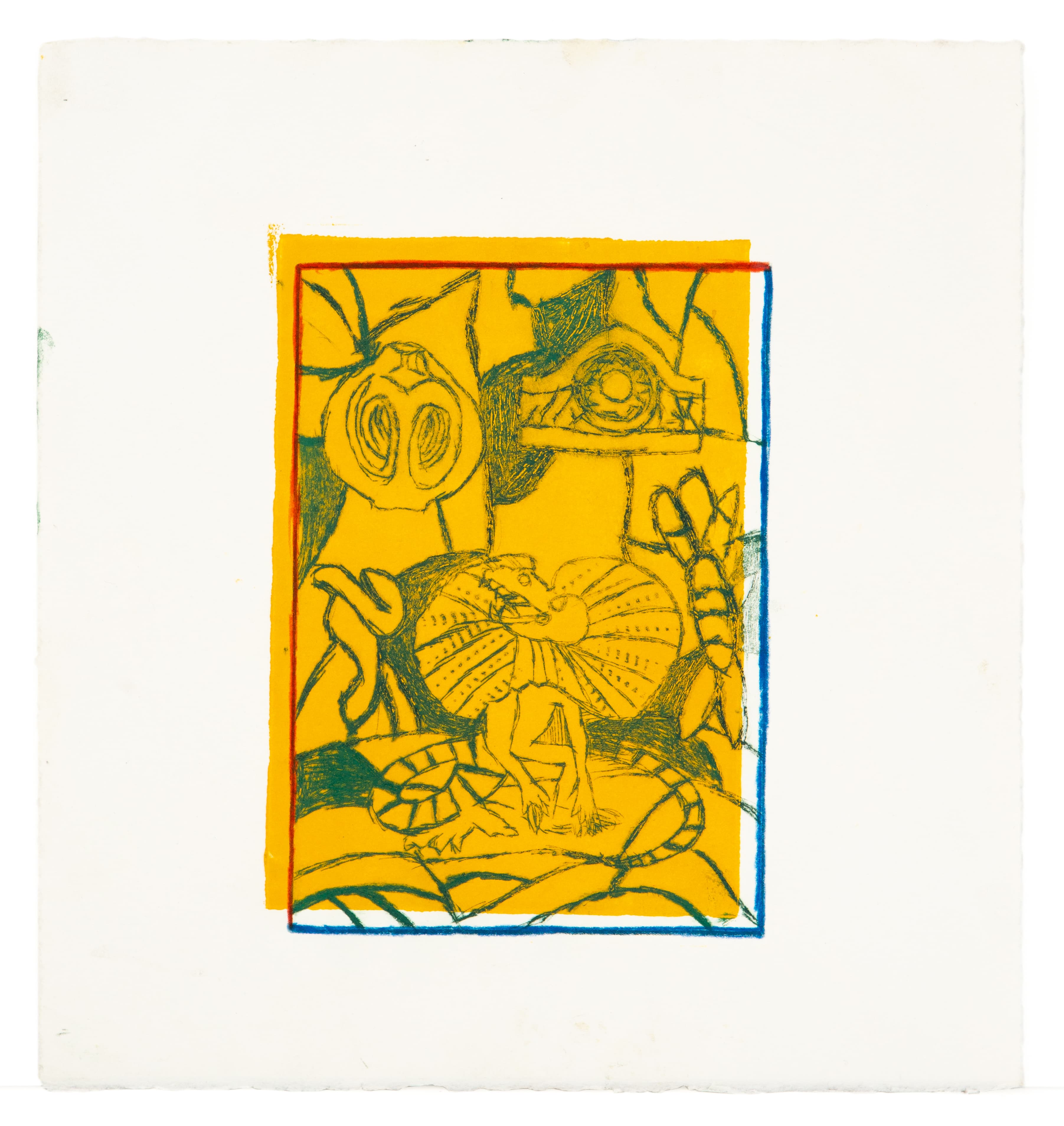 Print showing line drawings of vegetables and organic forms on yellow background with colored borders