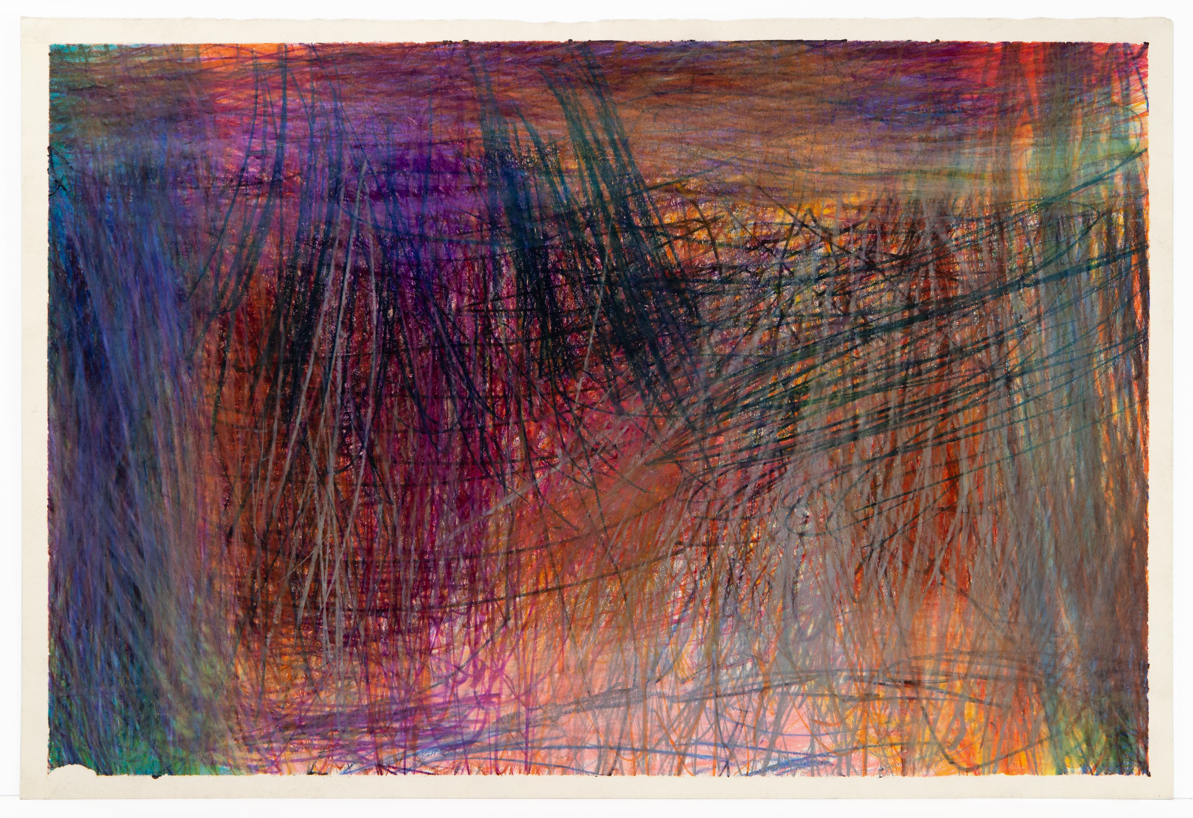 Abstract drawing with dense black scribbled lines over vibrant purple, orange, and blue colored background