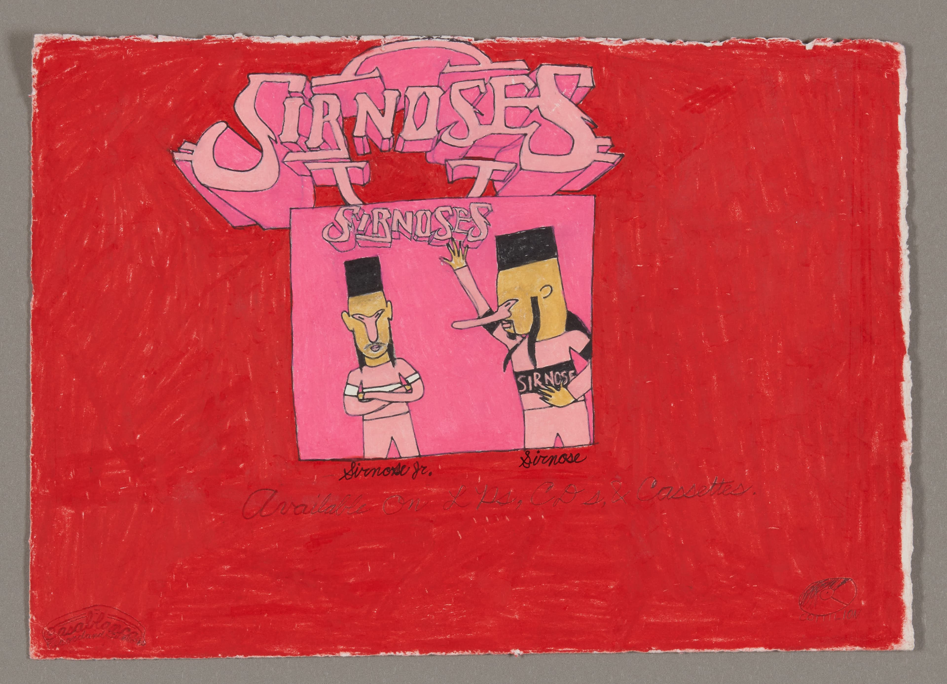Drawing with red background and pink square containing two yellow figures in black hats, titled 'Sirnoses'