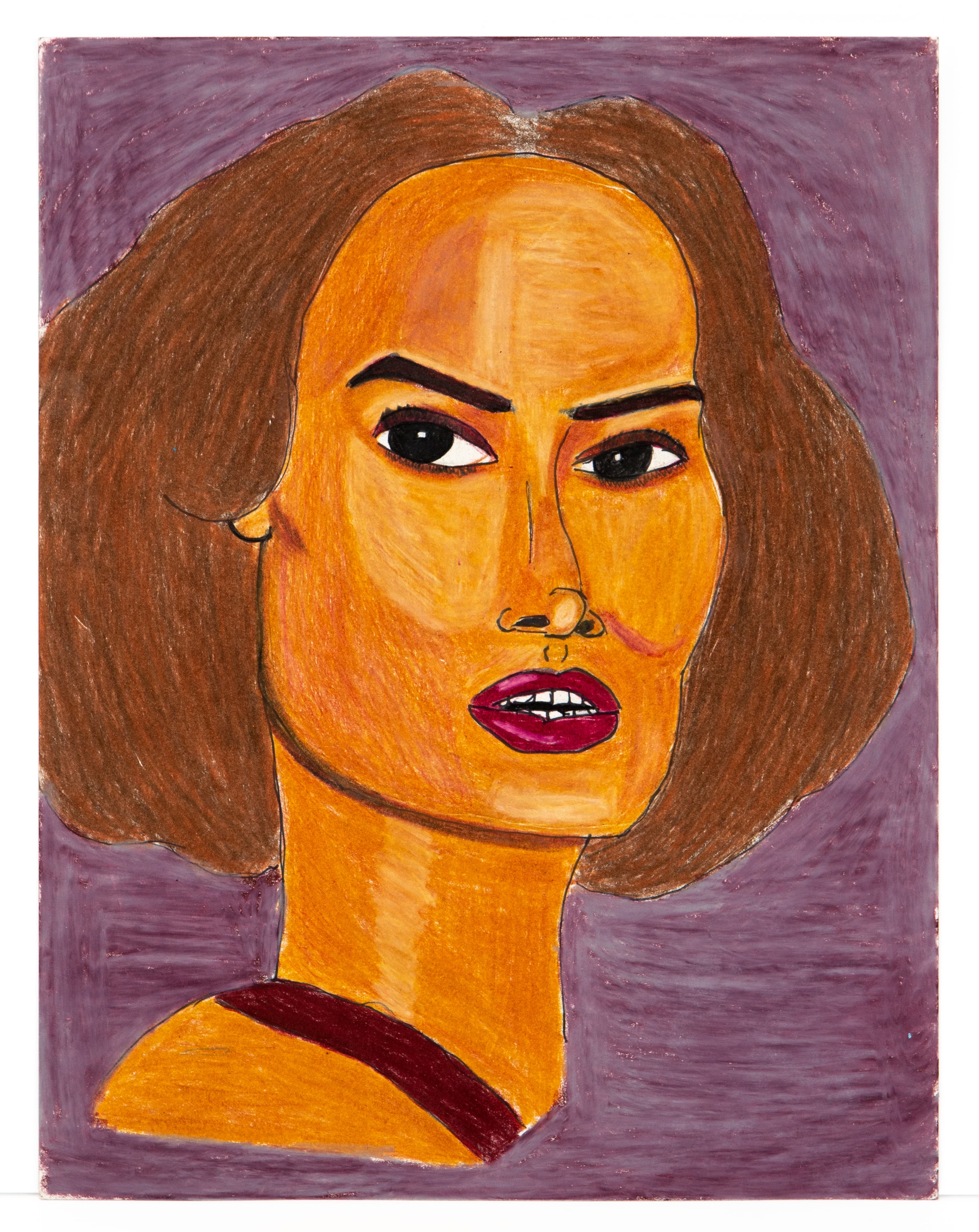 Portrait drawing of a person with shoulder-length brown hair and orange-toned skin in colored pencil on purple background