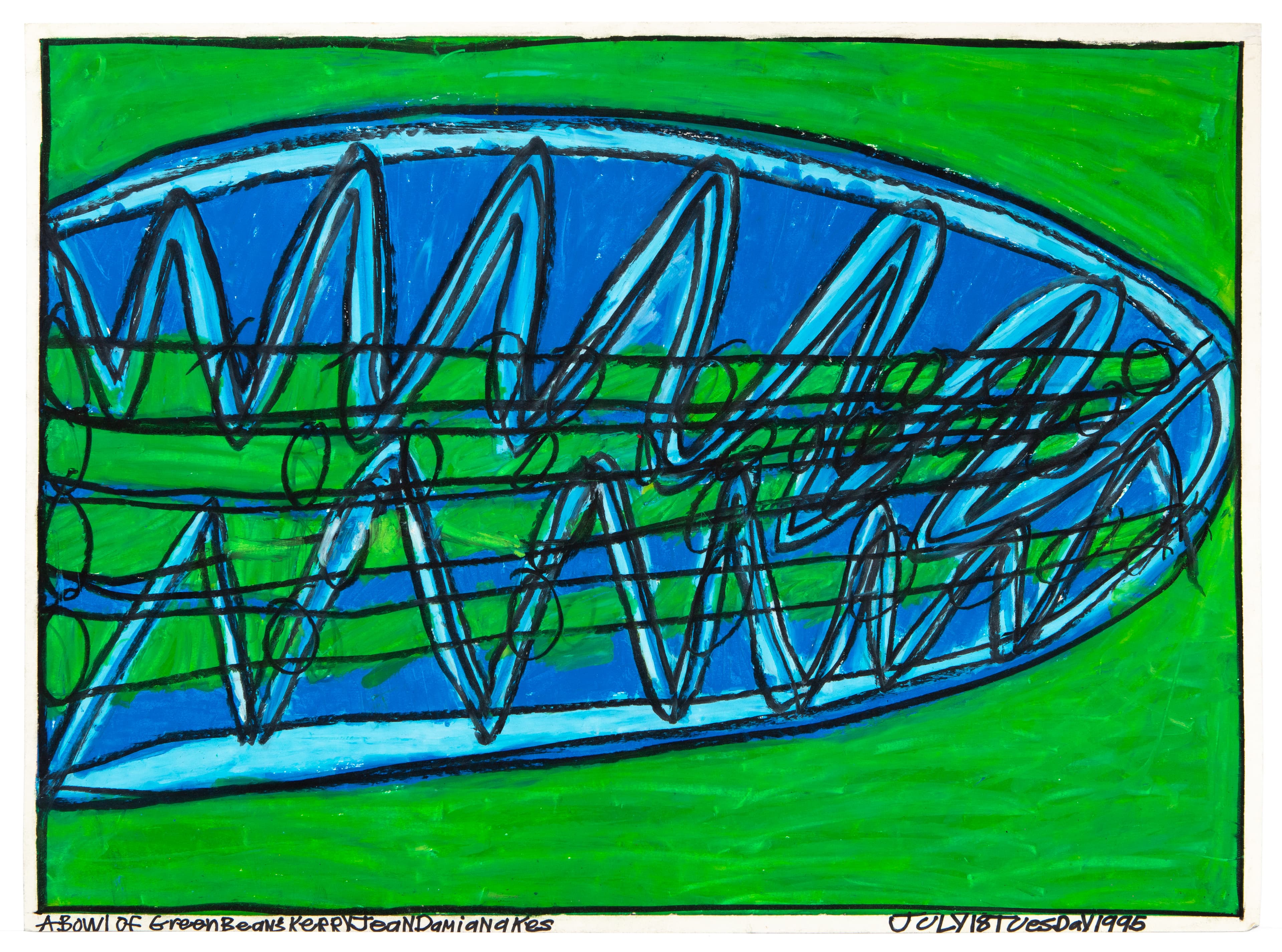 Drawing of an oval bowl filled with green beans, rendered in pastel on bright green background
