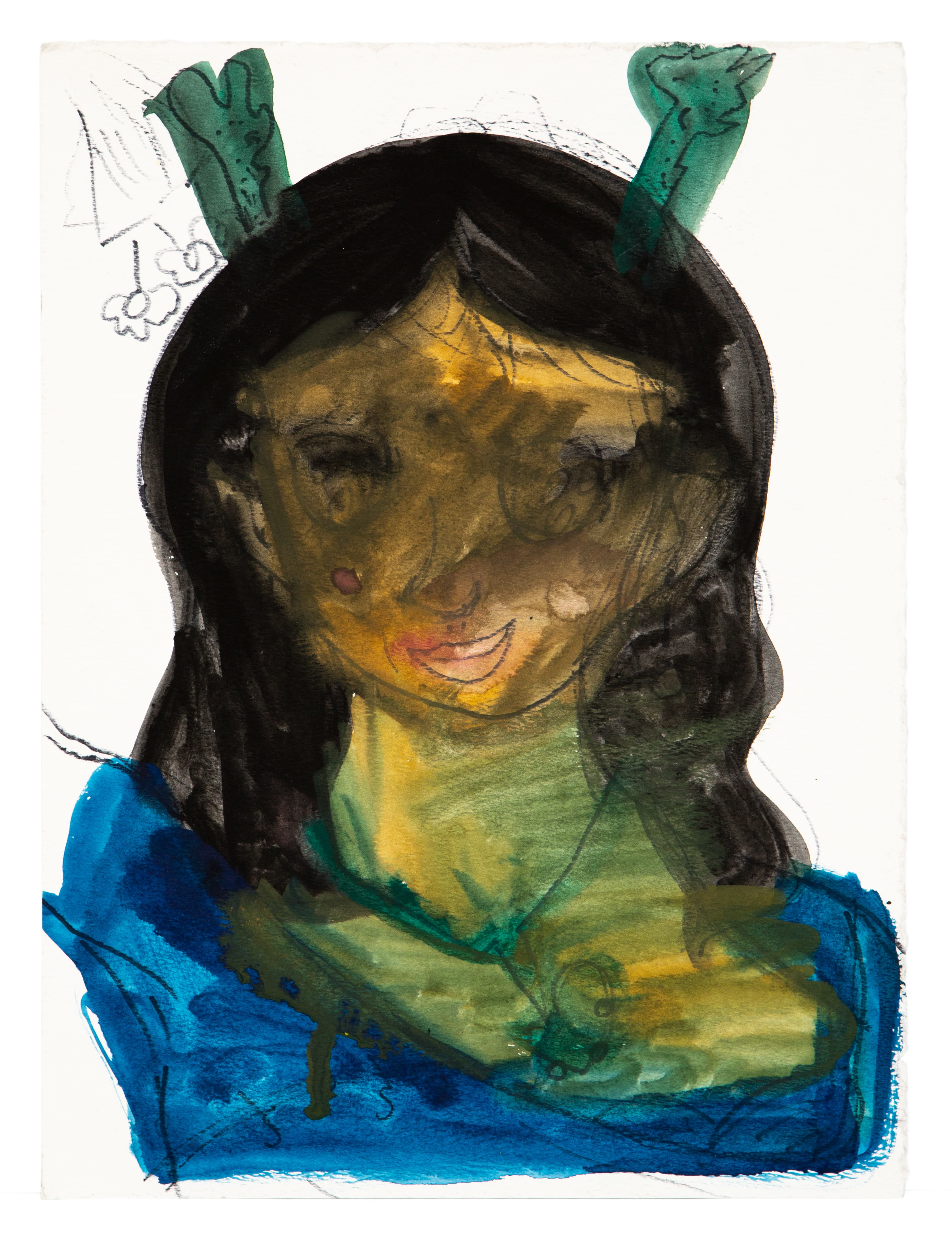 Watercolor portrait of a figure with long dark hair, green horns, yellow-green face, and blue clothing on white paper