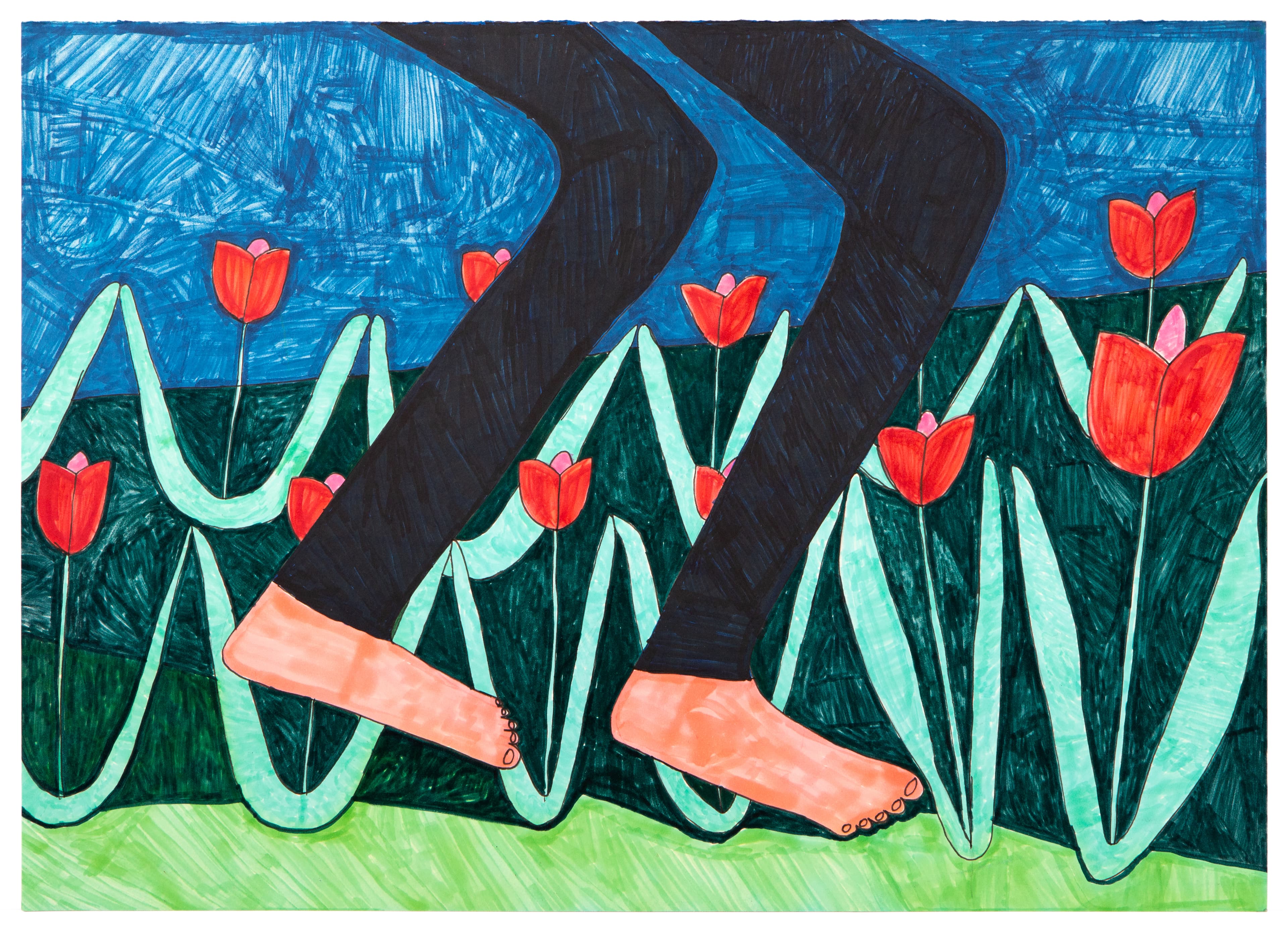 Drawing showing red tulips in a garden with orange feet walking through, done in ink on paper