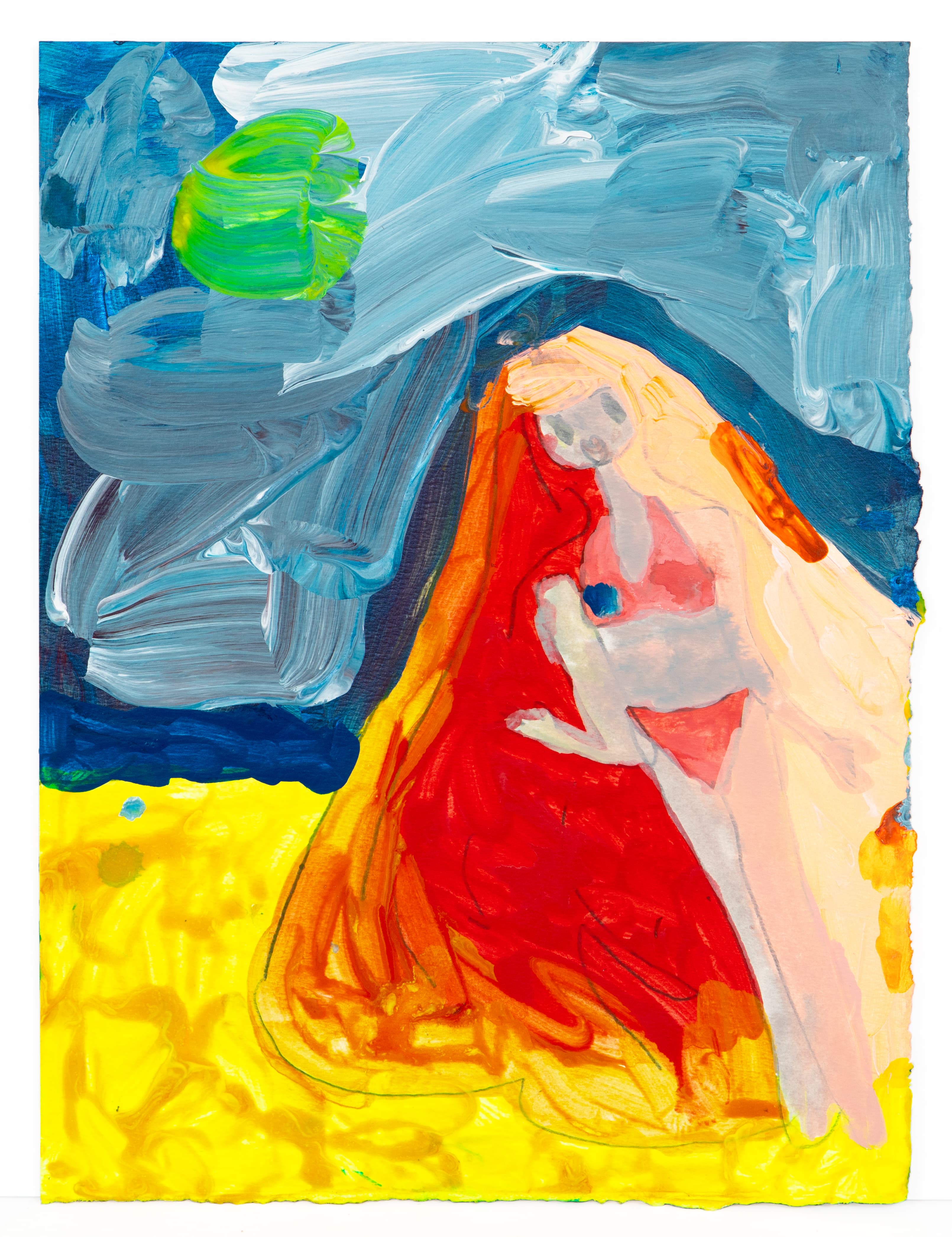 Acrylic painting of a figure with long orange-red hair against blue sky and yellow ground