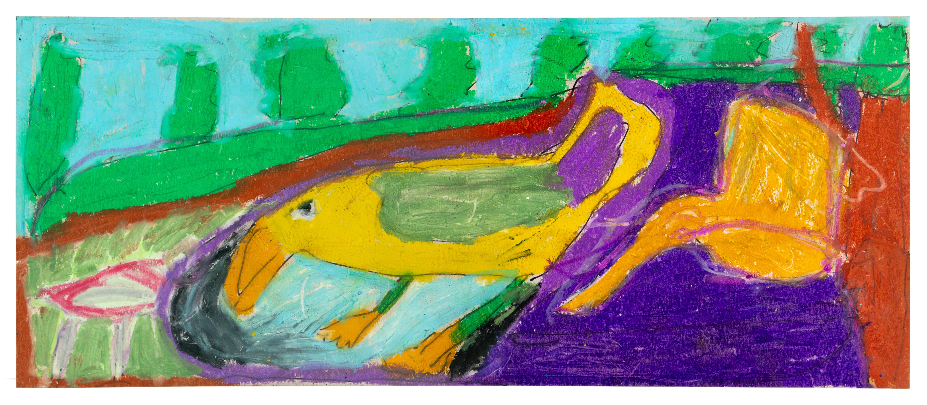 Abstract watercolor pencil drawing with curved yellow and purple forms against turquoise and green background