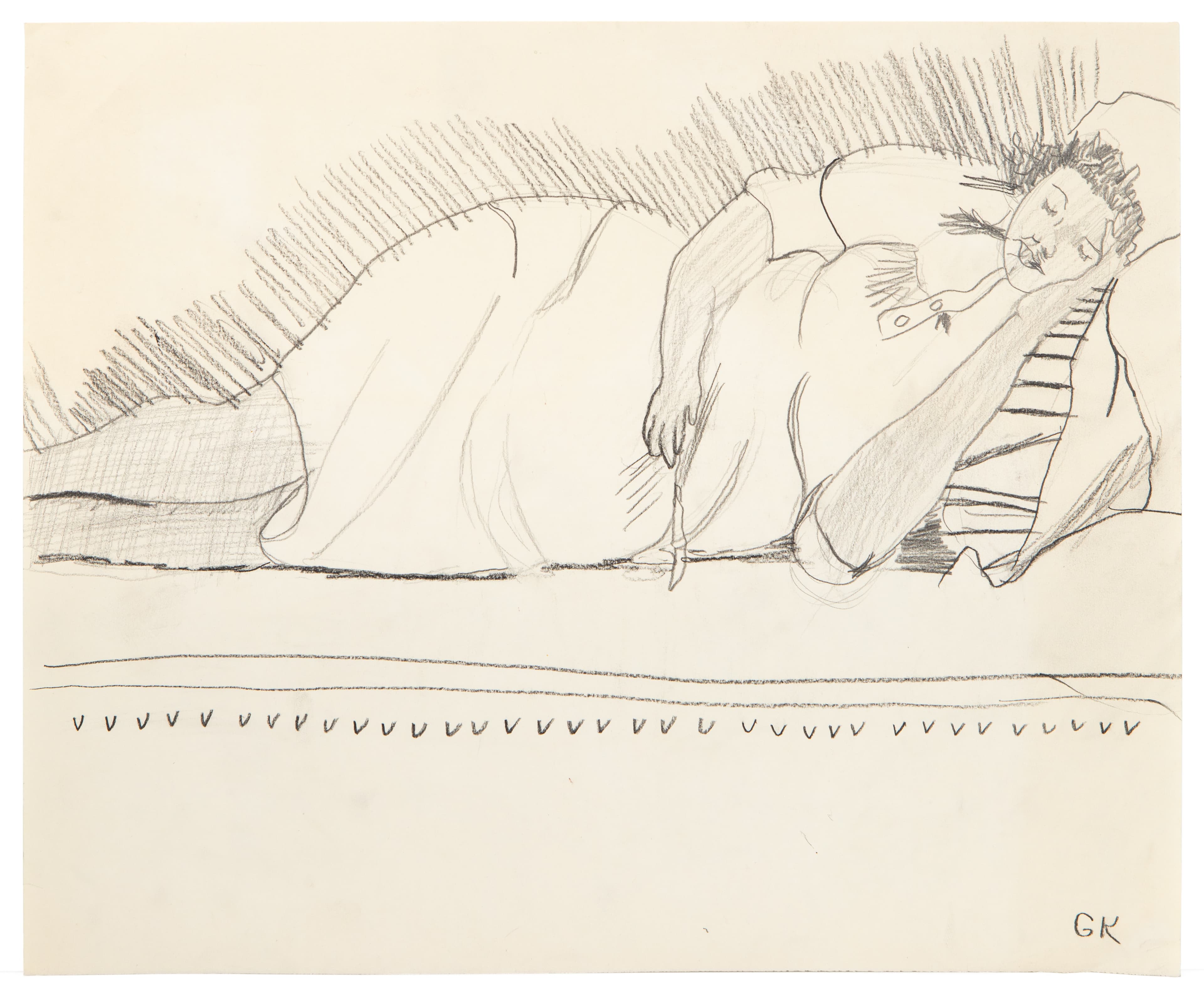 Pencil drawing of a reclining nude figure on striped bedding or surface