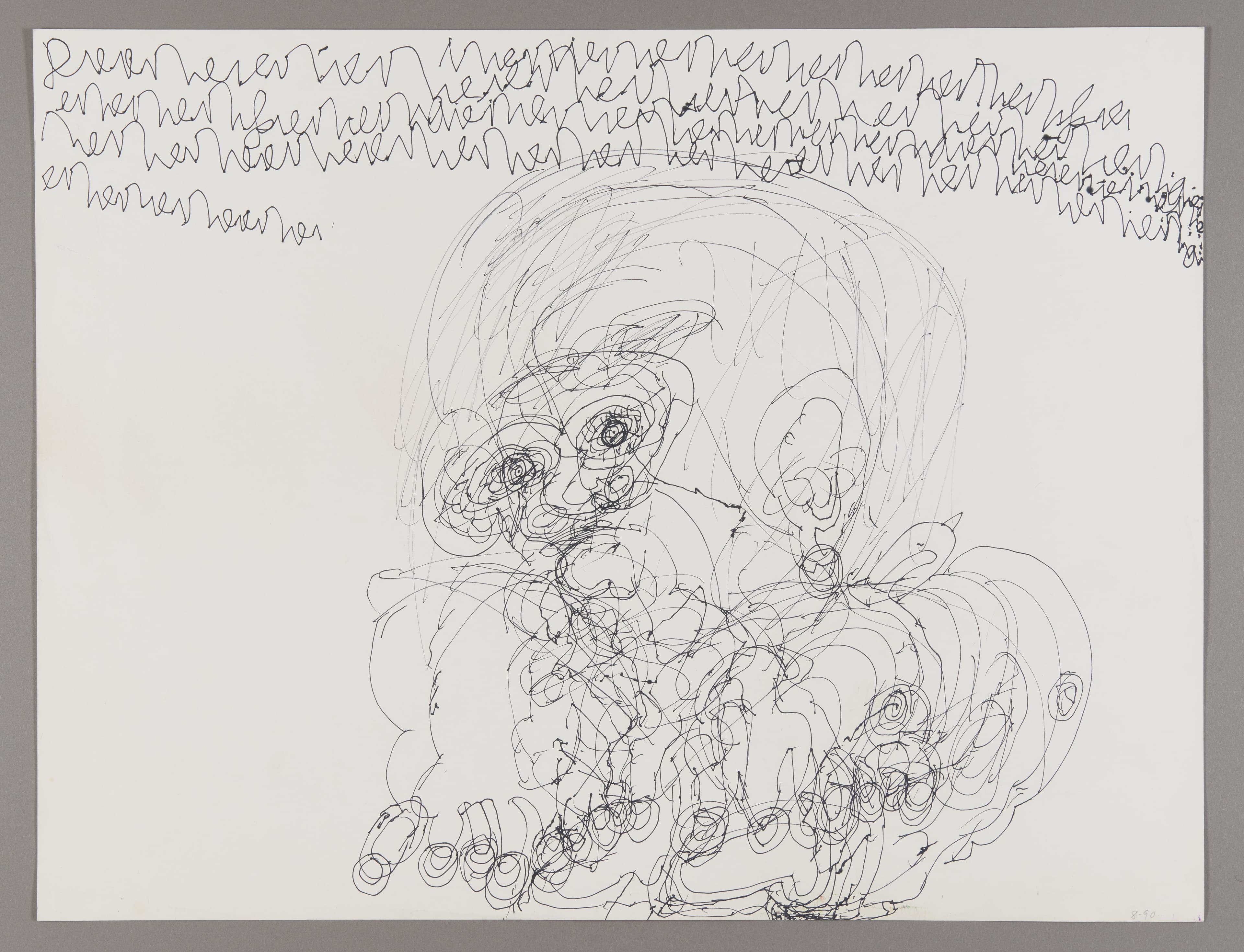 Ink drawing on paper showing a figure with elaborate curly hair and densely layered circular scribbles across the composition