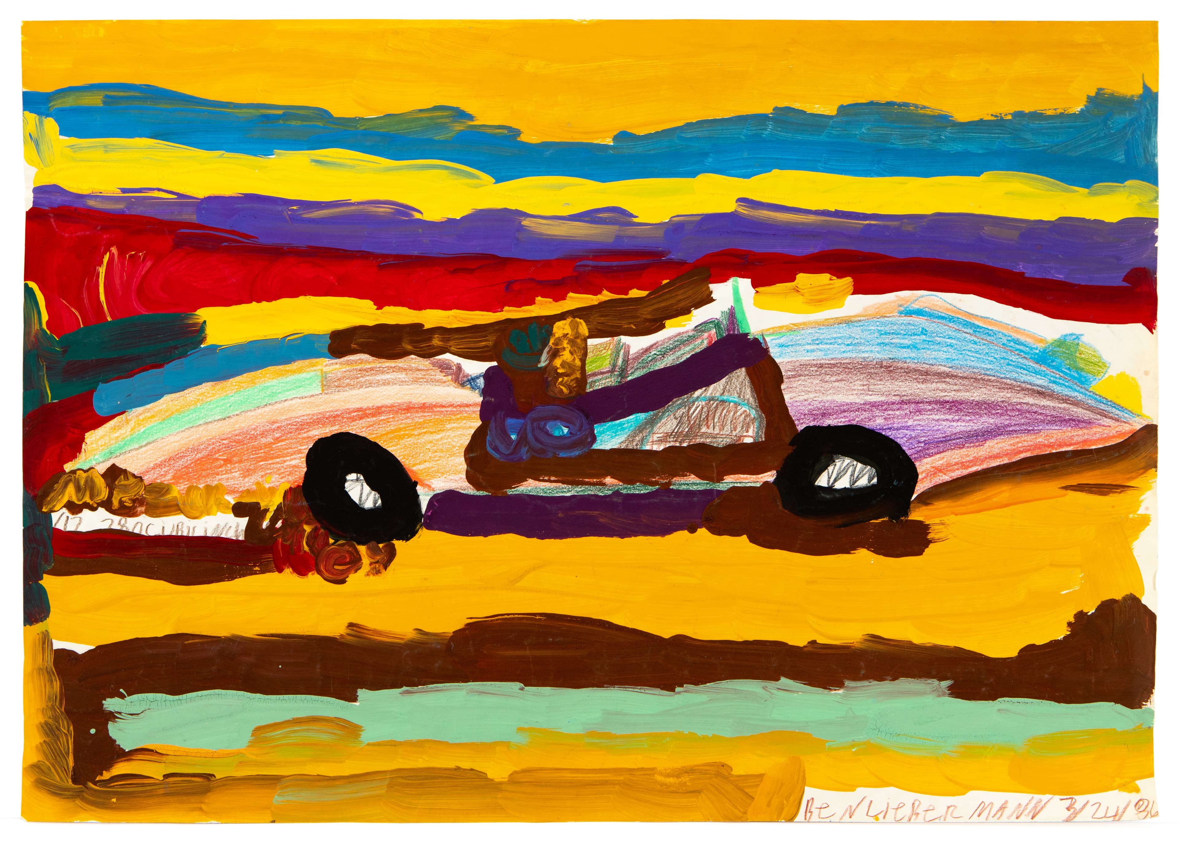 Colorful painting of a purple car with black wheels on a layered landscape in acrylic and colored pencil