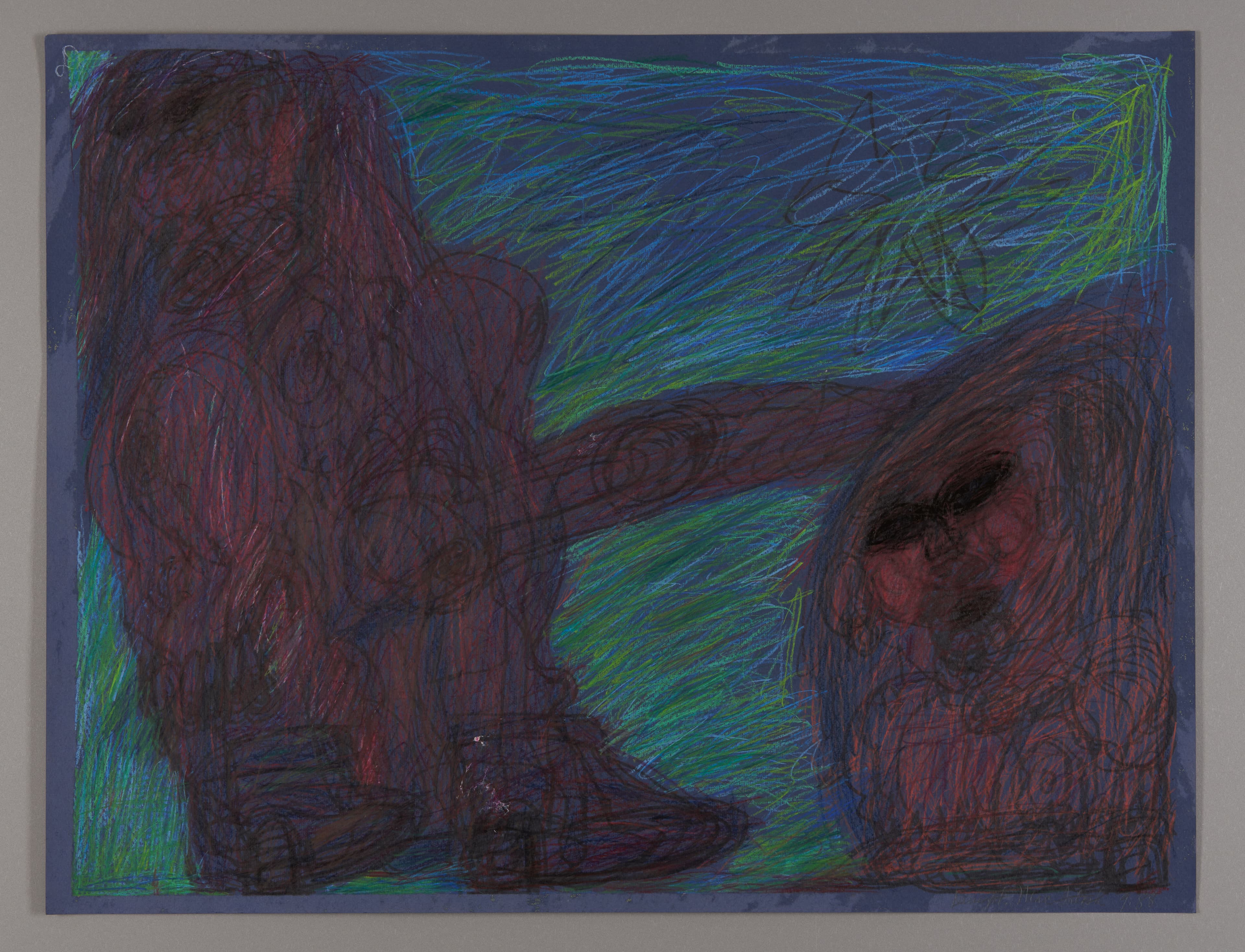 Abstract drawing in colored pencil and chalk pastel featuring dark purple forms against blue-green background