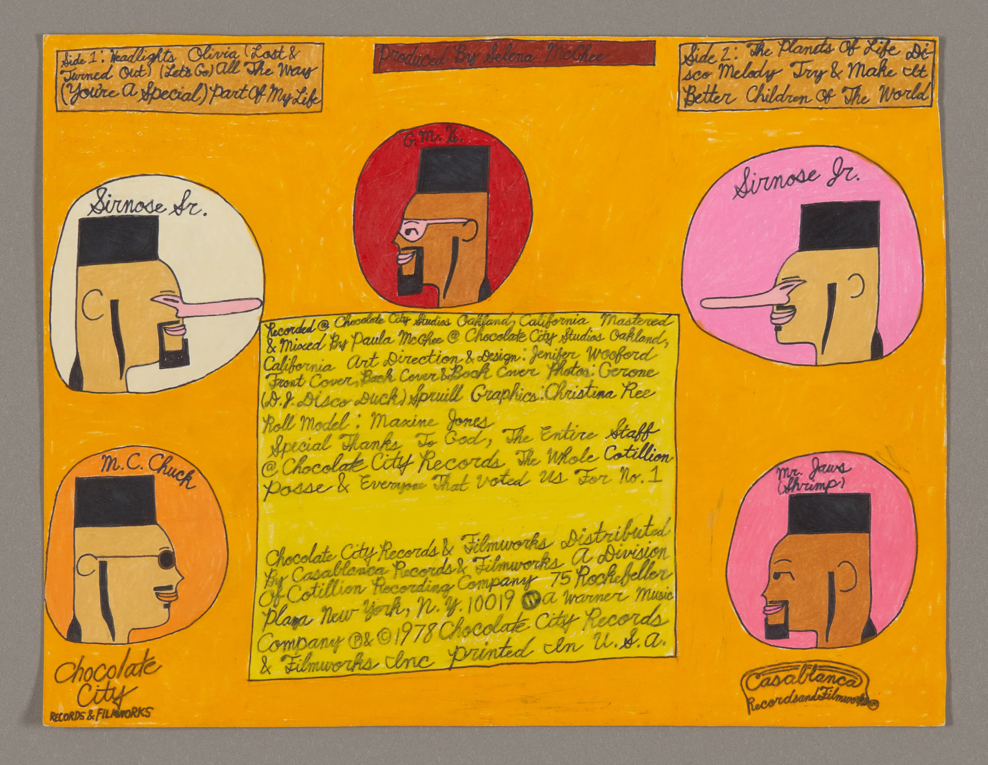 Mixed media drawing on orange paper featuring five circular portraits of figures with black hats and handwritten text