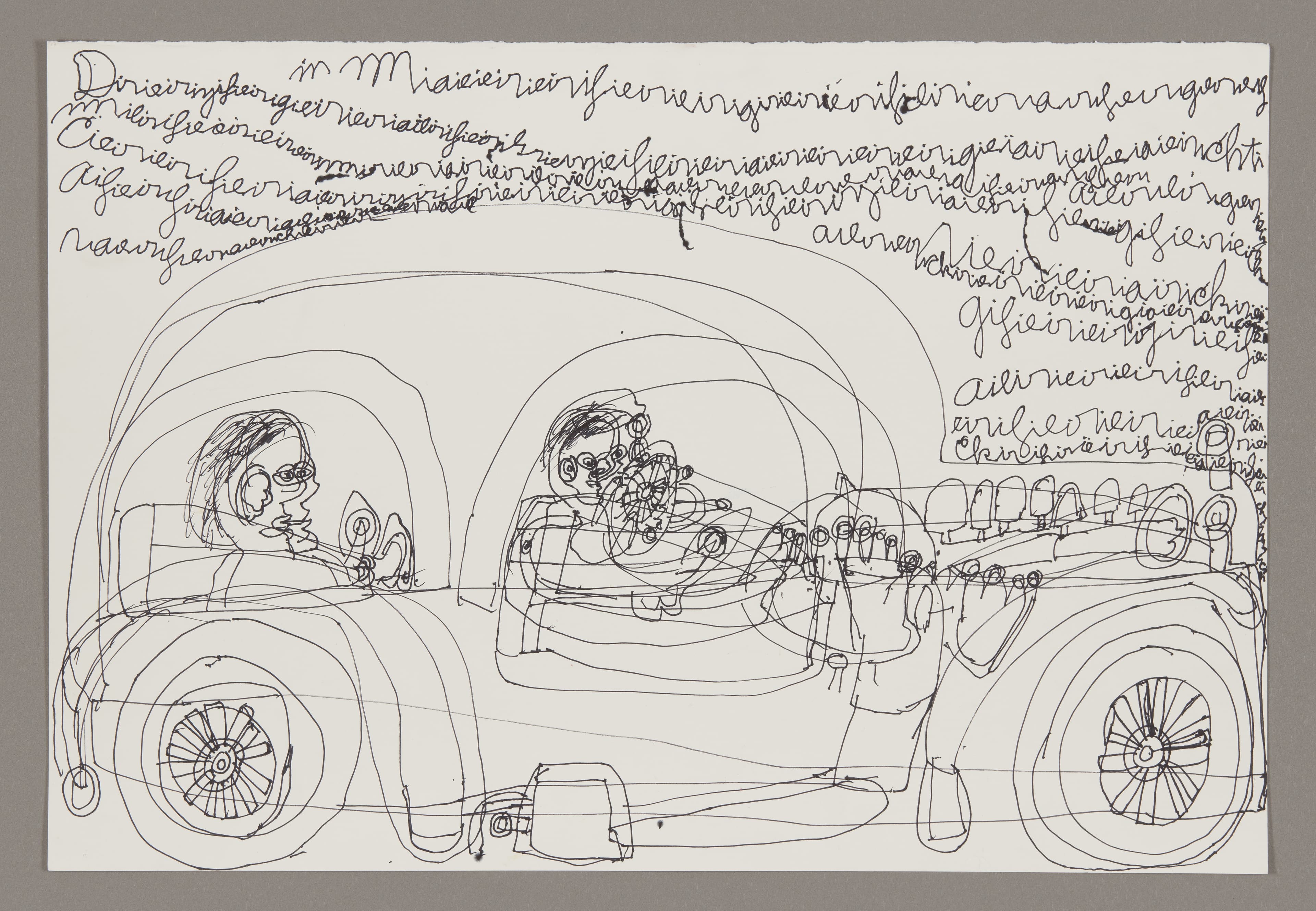 Ink drawing of two figures in a convertible car with handwritten text filling the background