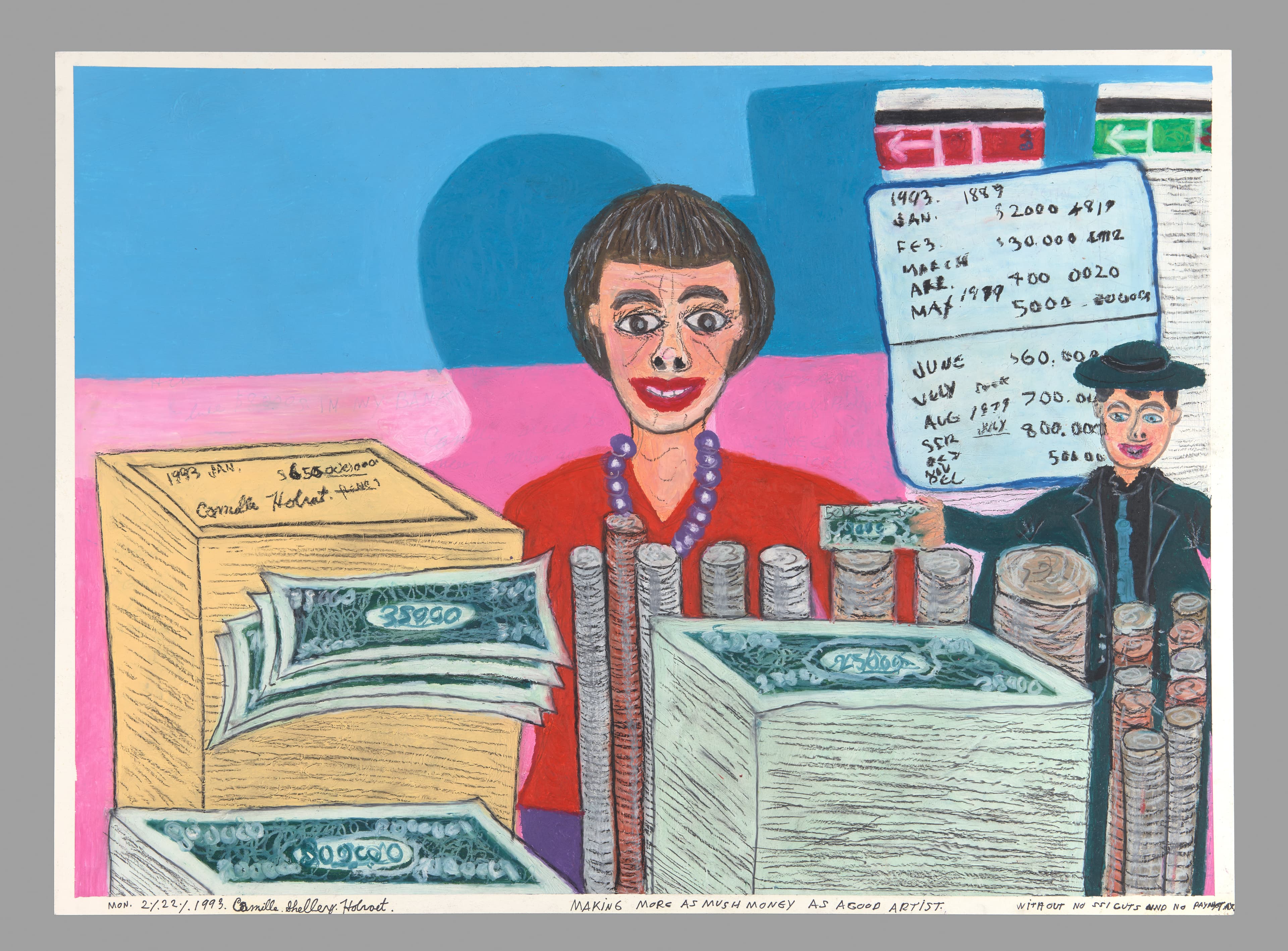 Oil pastel drawing of a person with short hair and red shirt standing behind stacks of money and coins