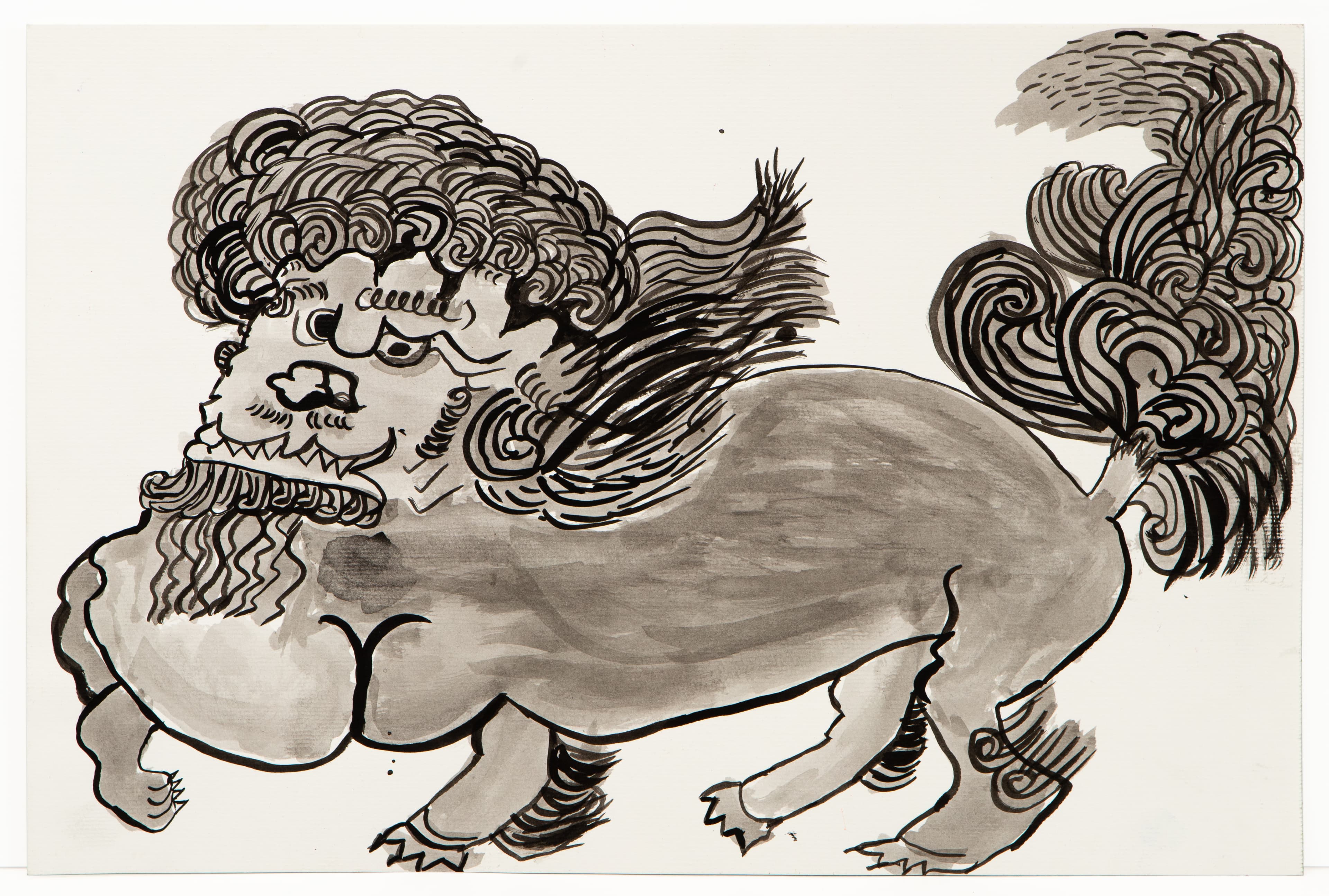 Ink drawing of a reclining figure with curly hair and flowing decorative elements on paper