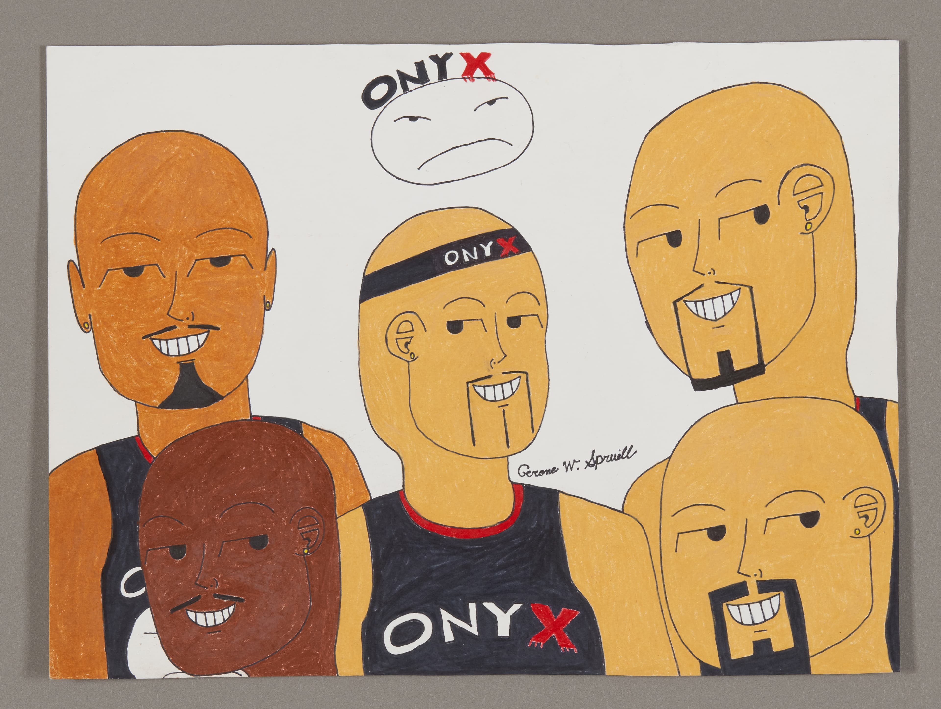 Drawing of five male figures with ONYX text, created with color stix, ink, and colored pencil on paper