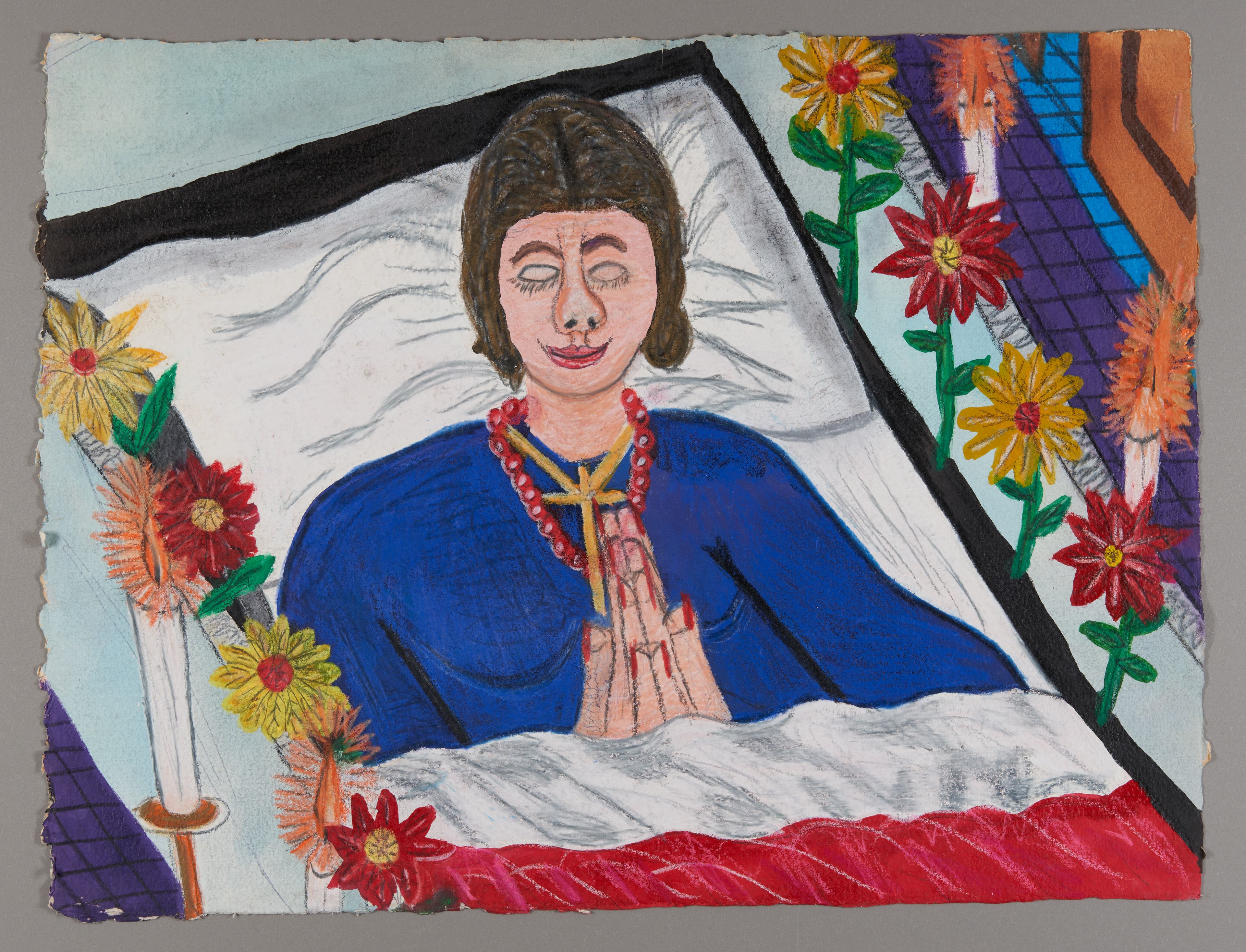 Mixed media drawing of a figure in blue clothing lying in bed with hands in prayer position, surrounded by colorful flowers