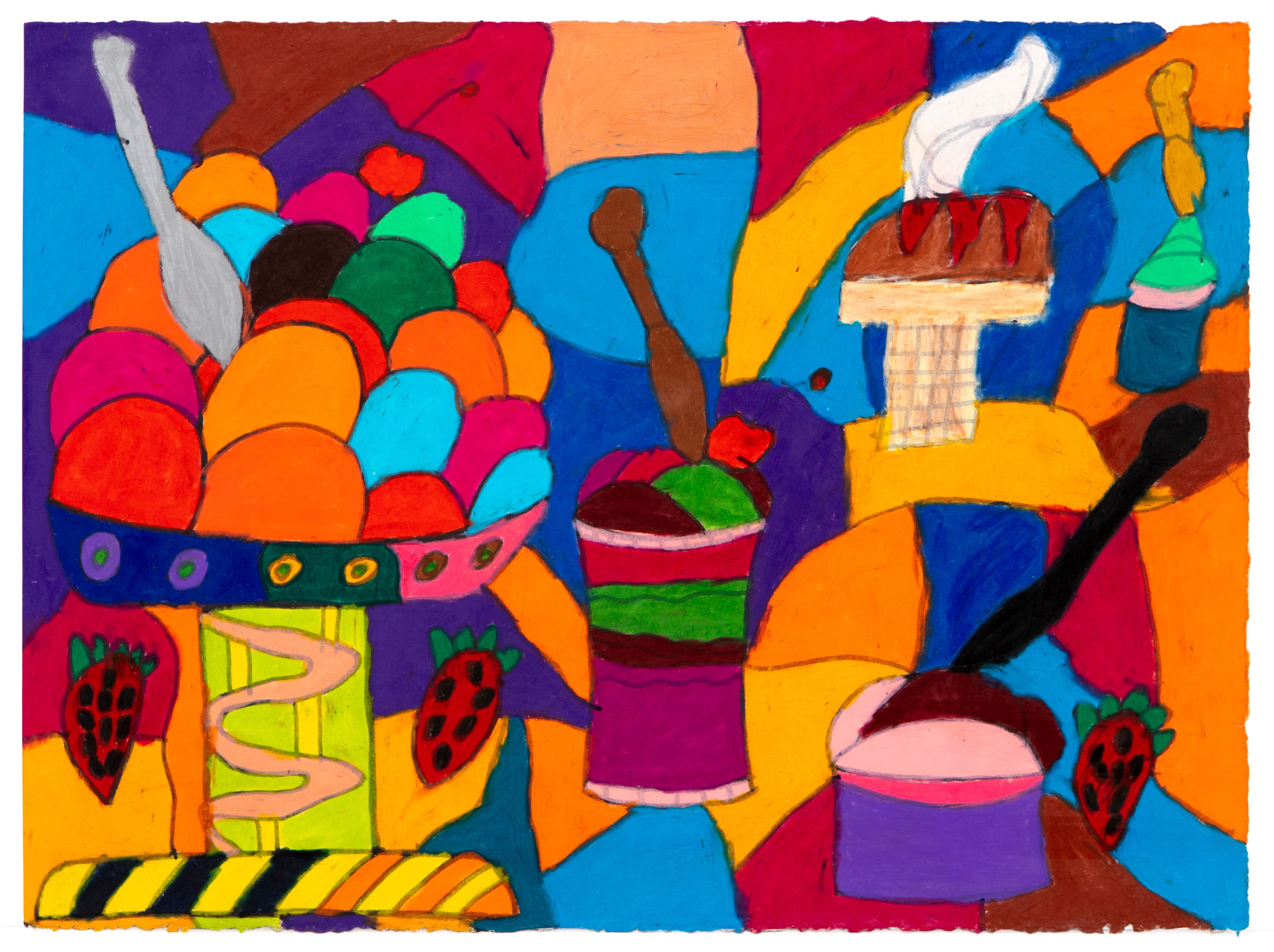 Colorful abstract artwork featuring stylized ice cream sundaes and desserts in bright pastels and ink on paper
