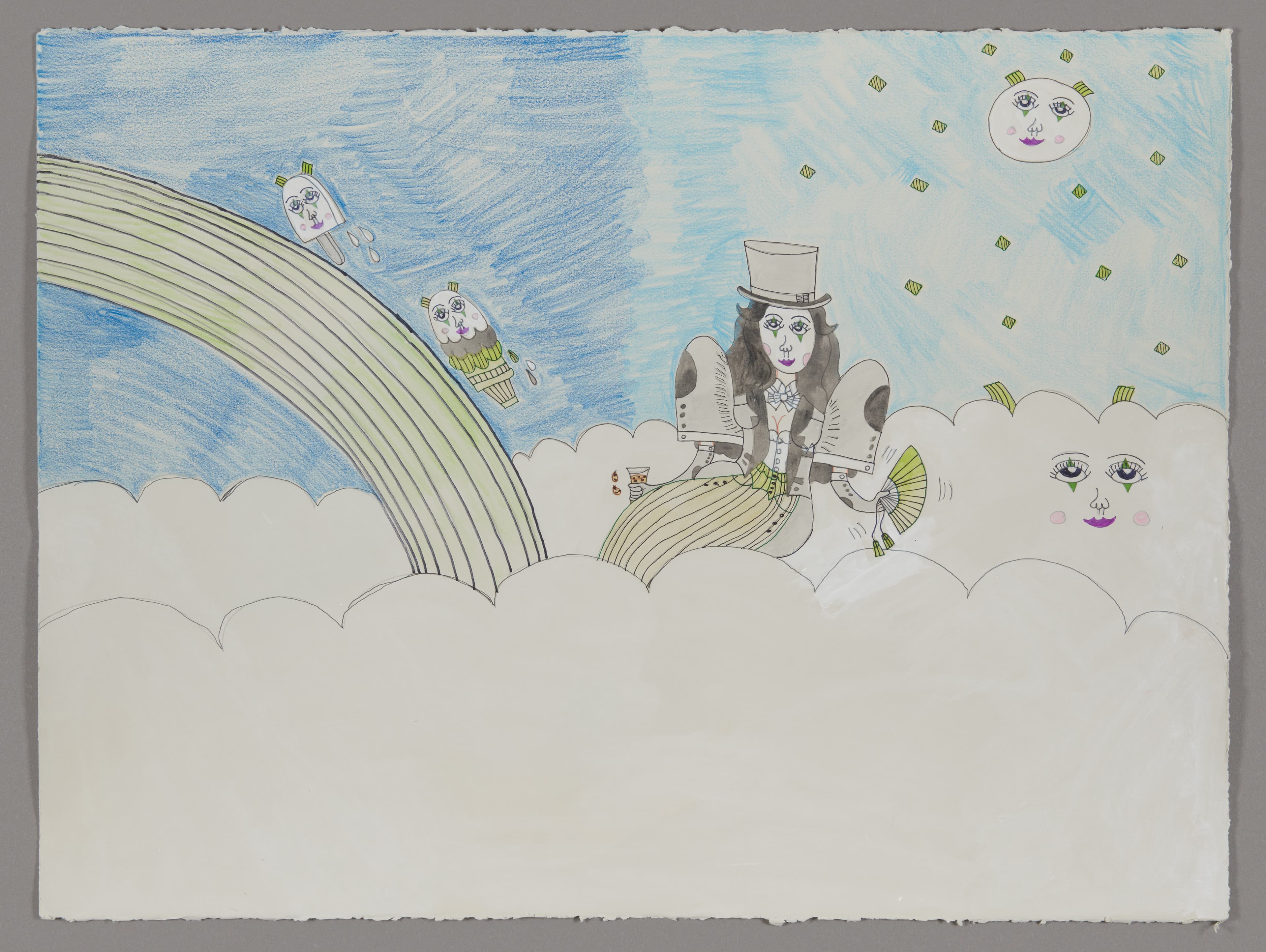 Mixed media drawing of figure in top hat sitting on clouds with rainbow, floating faces, and falling money