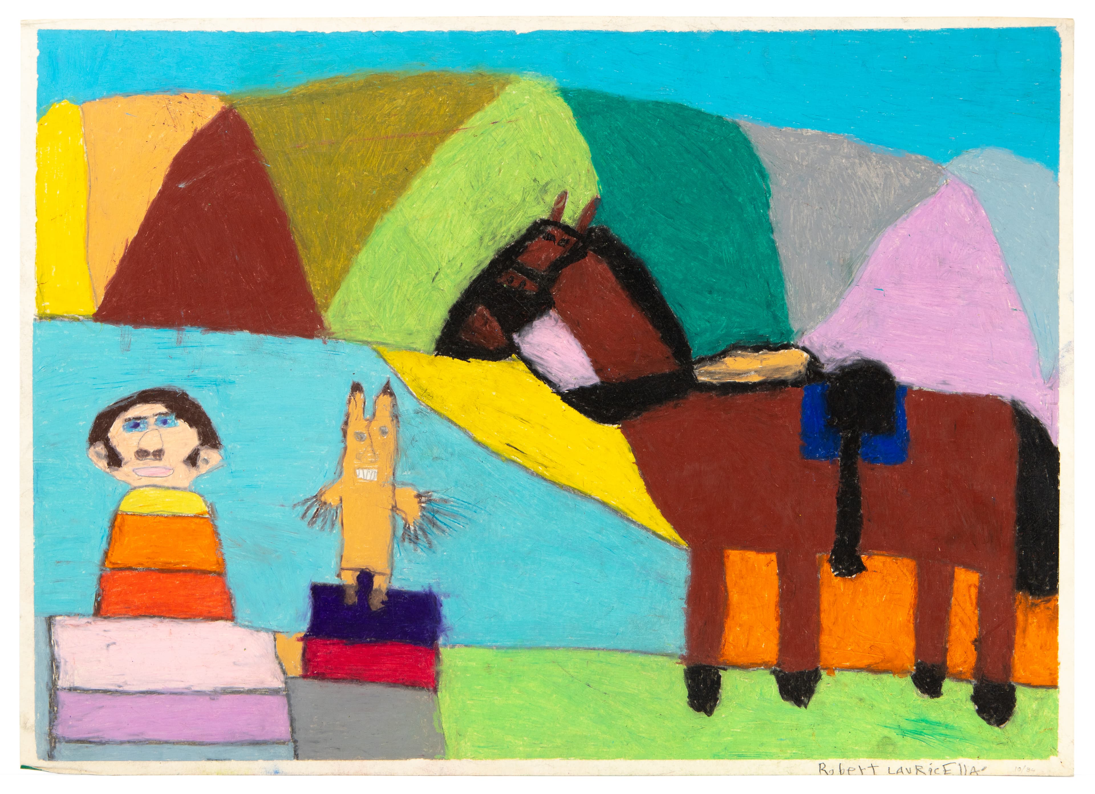 Colorful pastel drawing showing a figure, orange animal, and brown horse against geometric mountain shapes