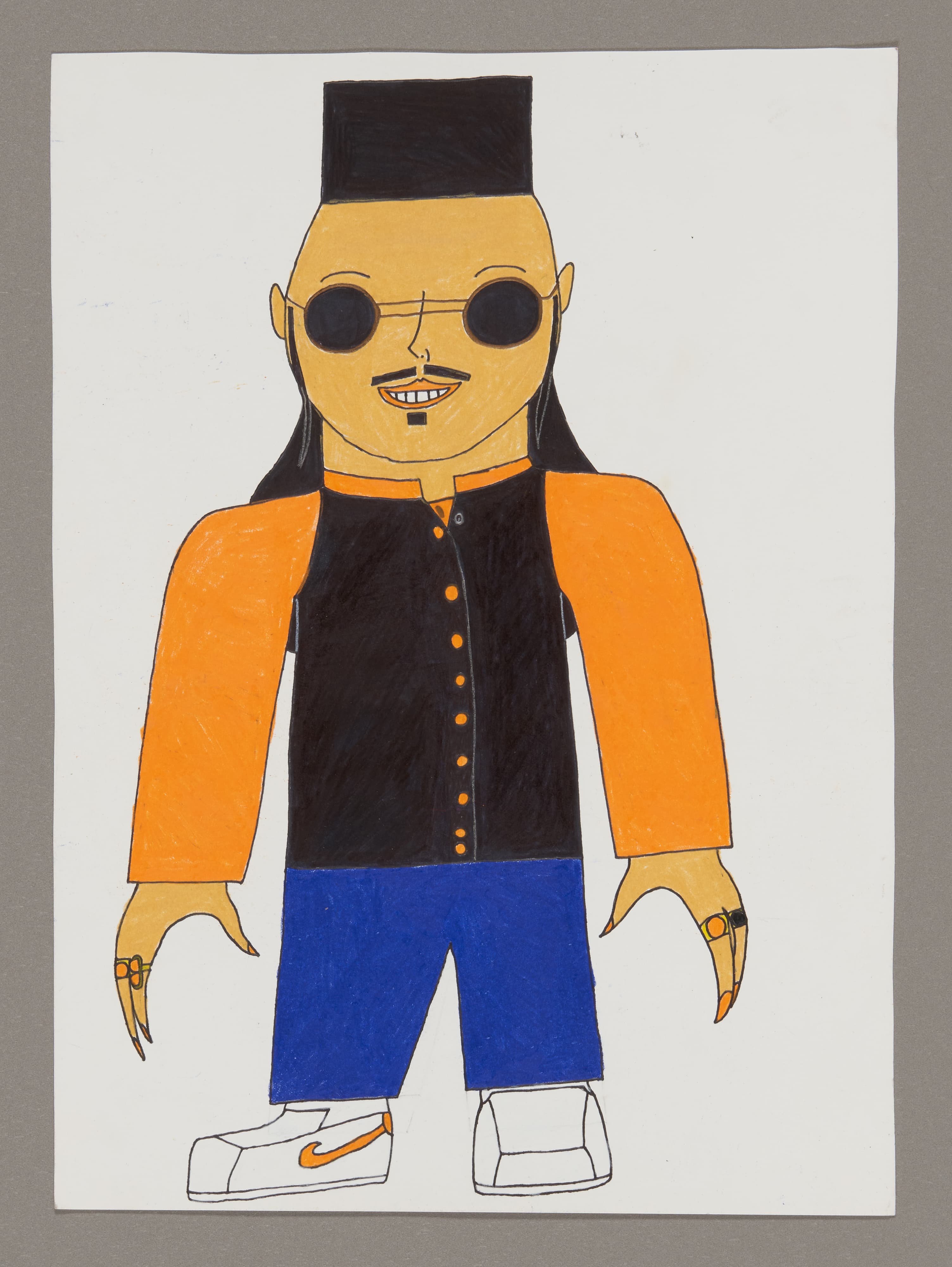 Drawing of a figure in orange jacket, black vest, blue pants, and white sneakers with round sunglasses and black hat