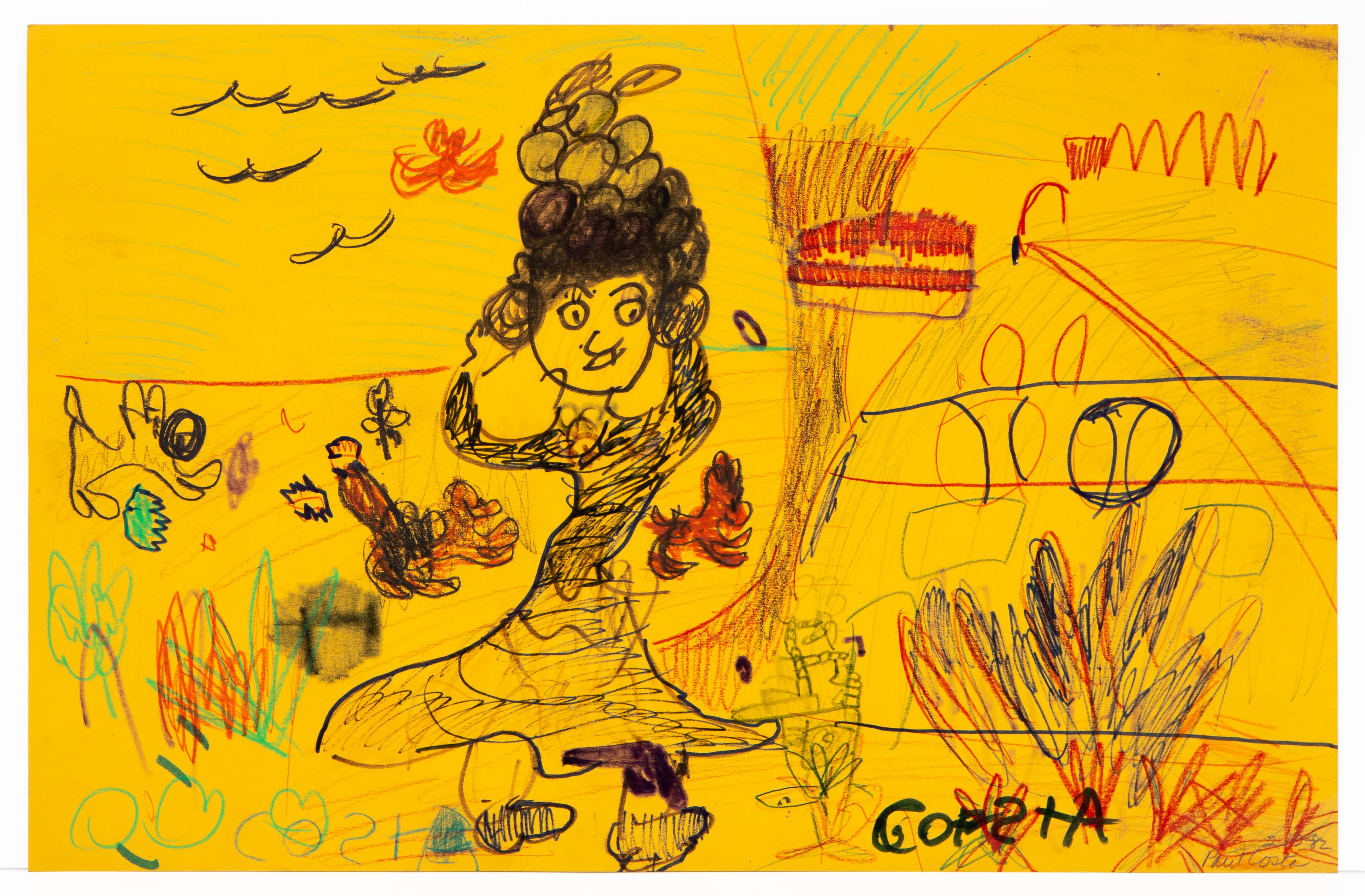 Mixed media drawing on yellow paper with central figure, various creatures, and text in ink and pencil