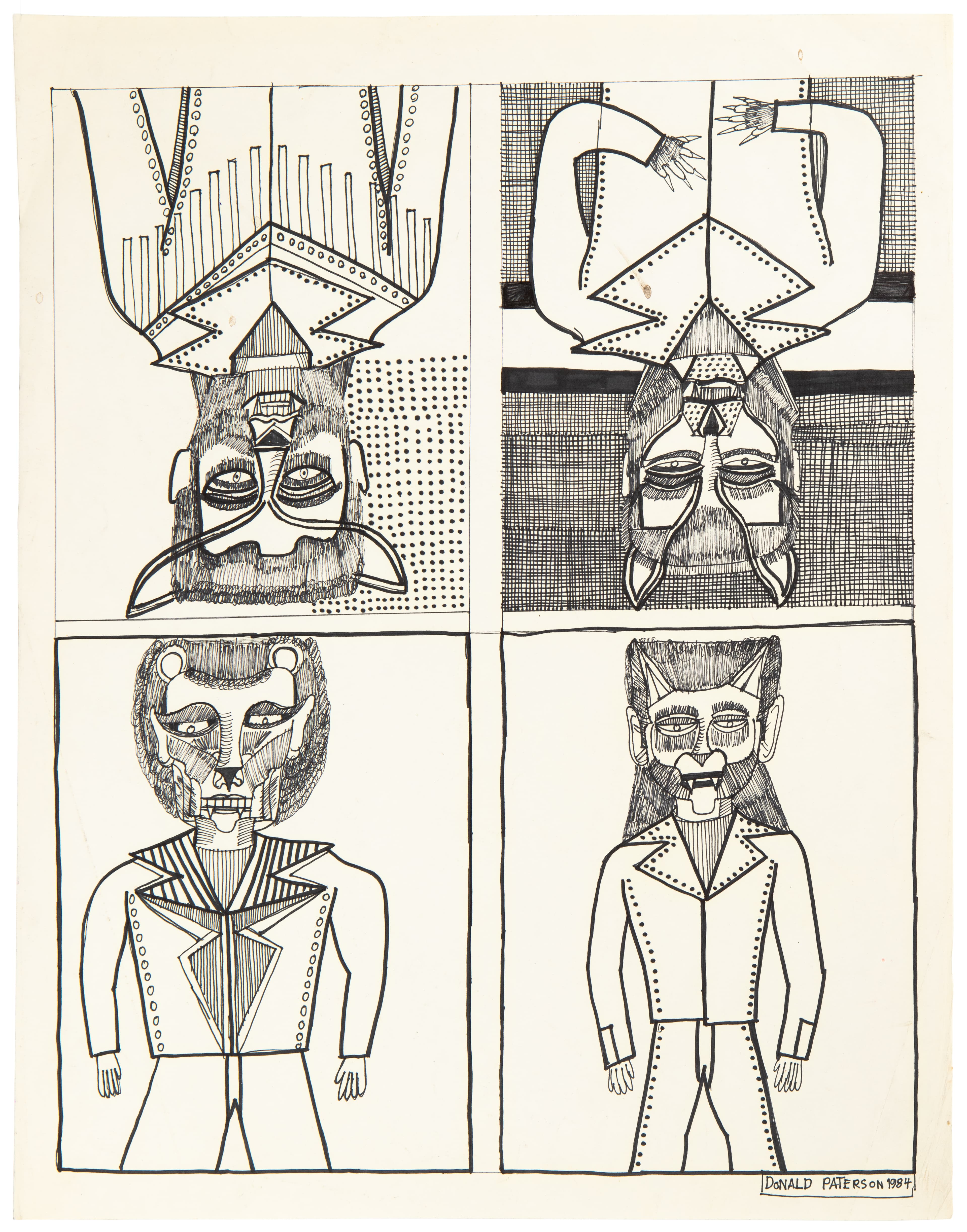Ink drawing with four panels showing figures in elaborate geometric headdresses and formal clothing