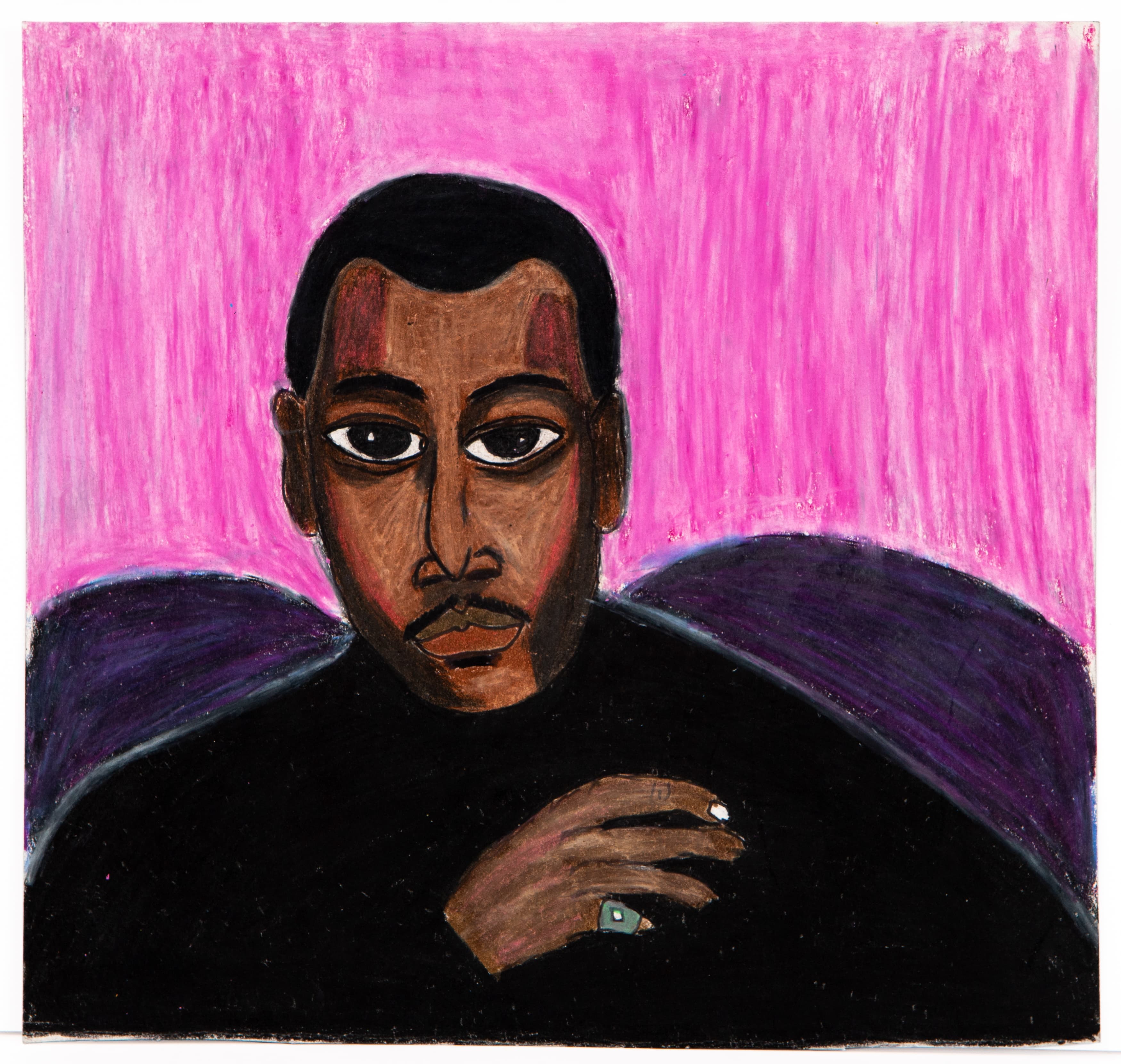 Portrait drawing of a Black person with dark wings against bright pink background, mixed media
