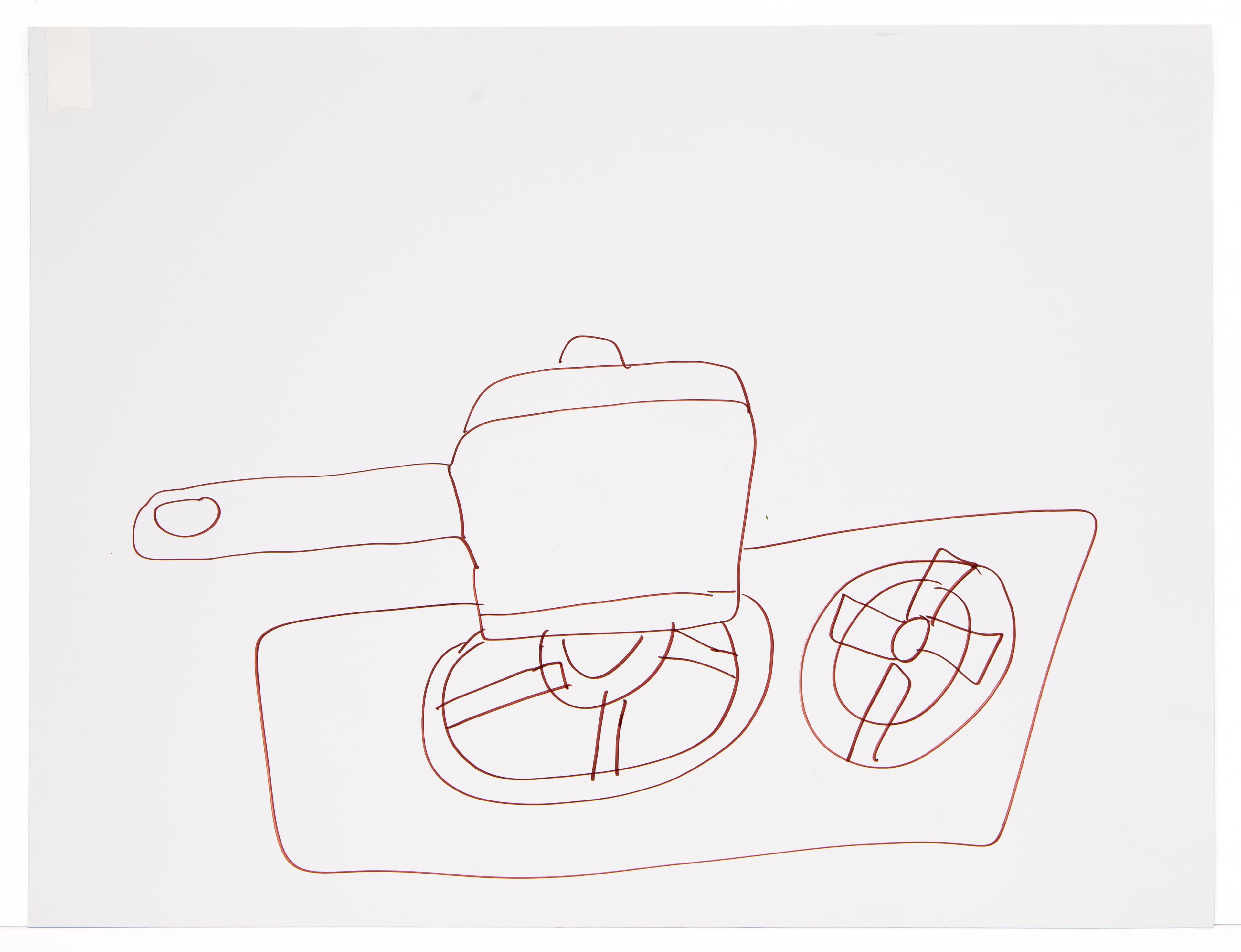 Line drawing of a toilet and plunger in red ink on white paper
