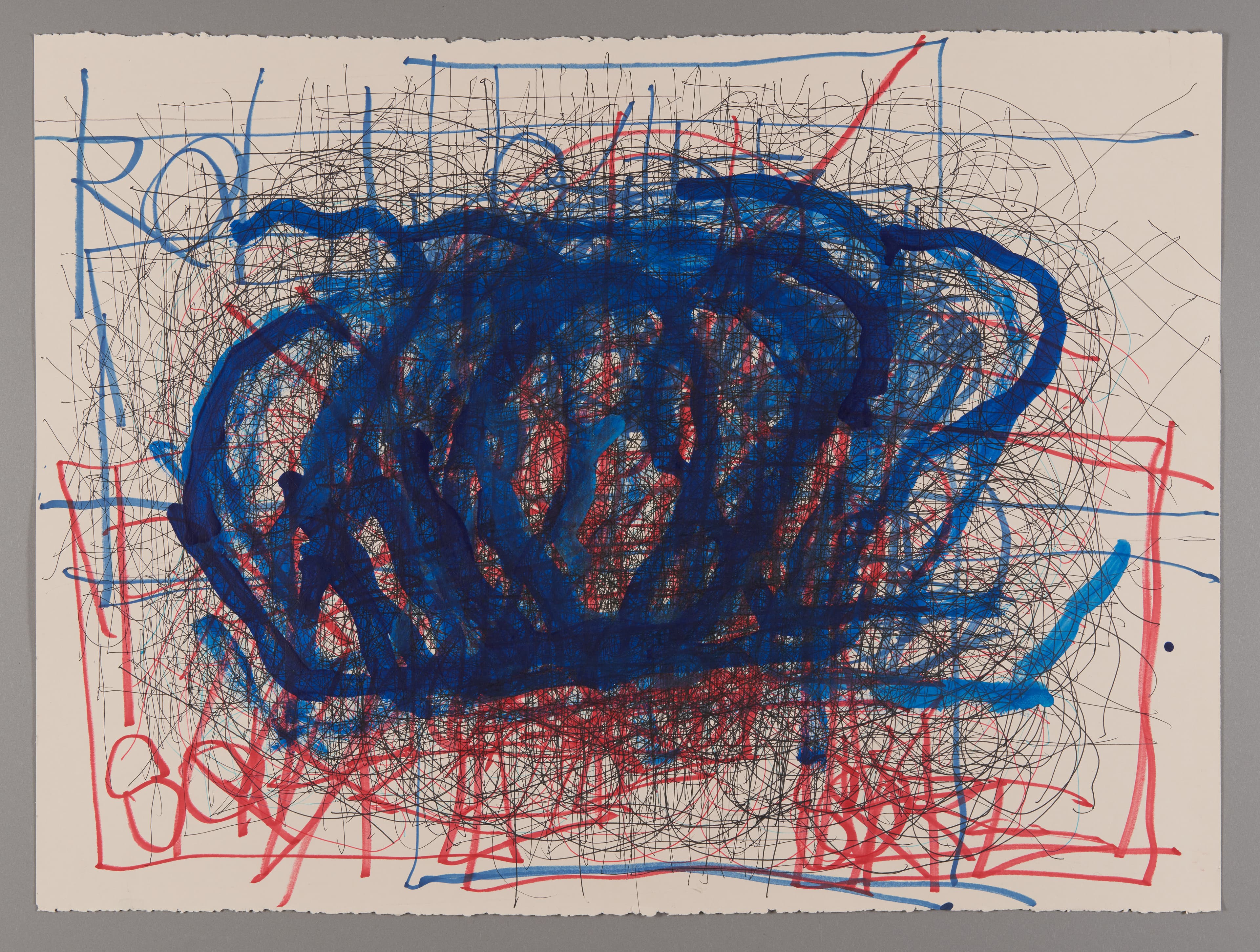 Mixed media drawing with blue oval form surrounded by energetic scribbled lines in blue, red, and black on paper