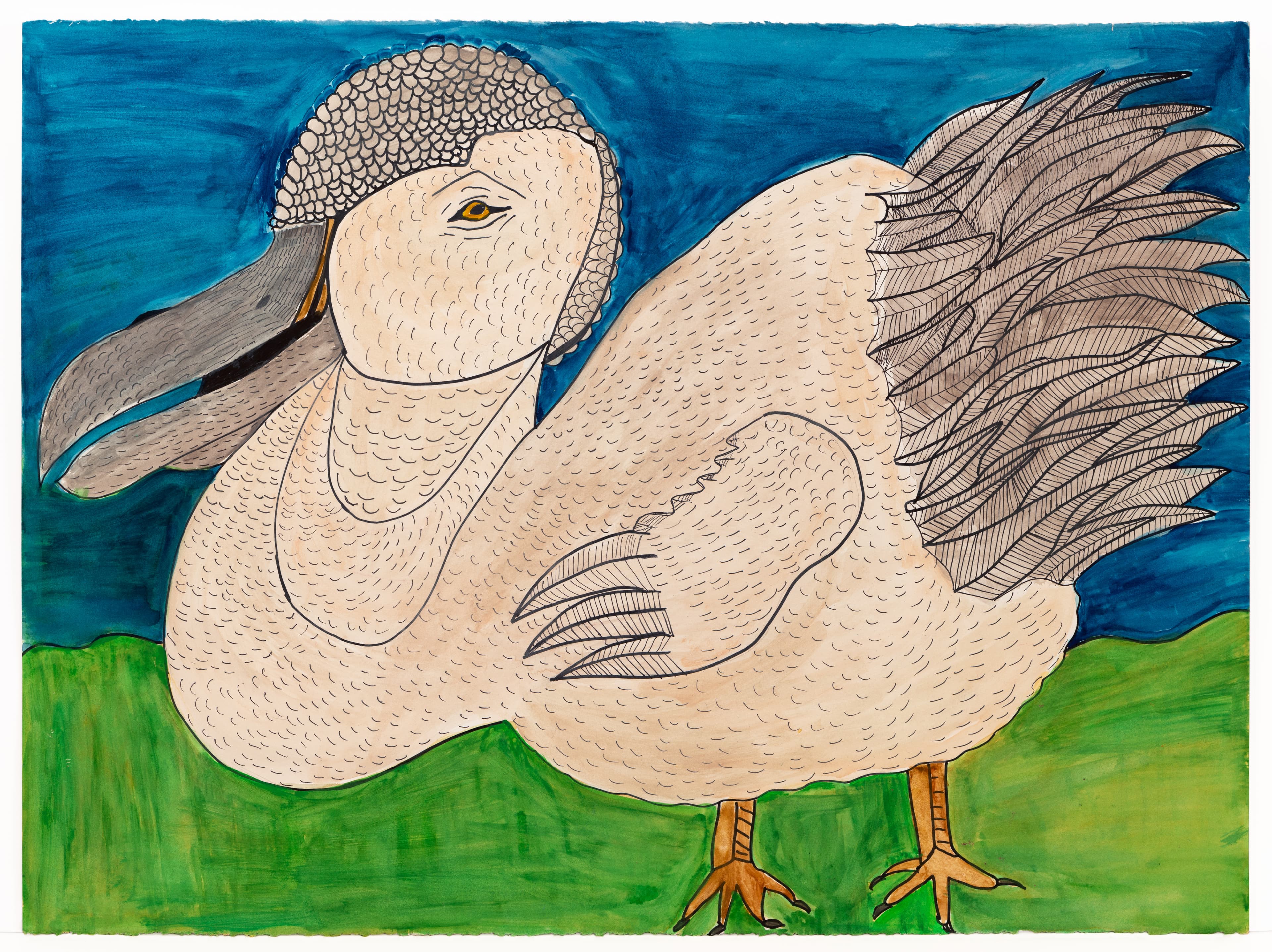 Ink and watercolor drawing of a large white bird with detailed feathers against blue sky and green ground