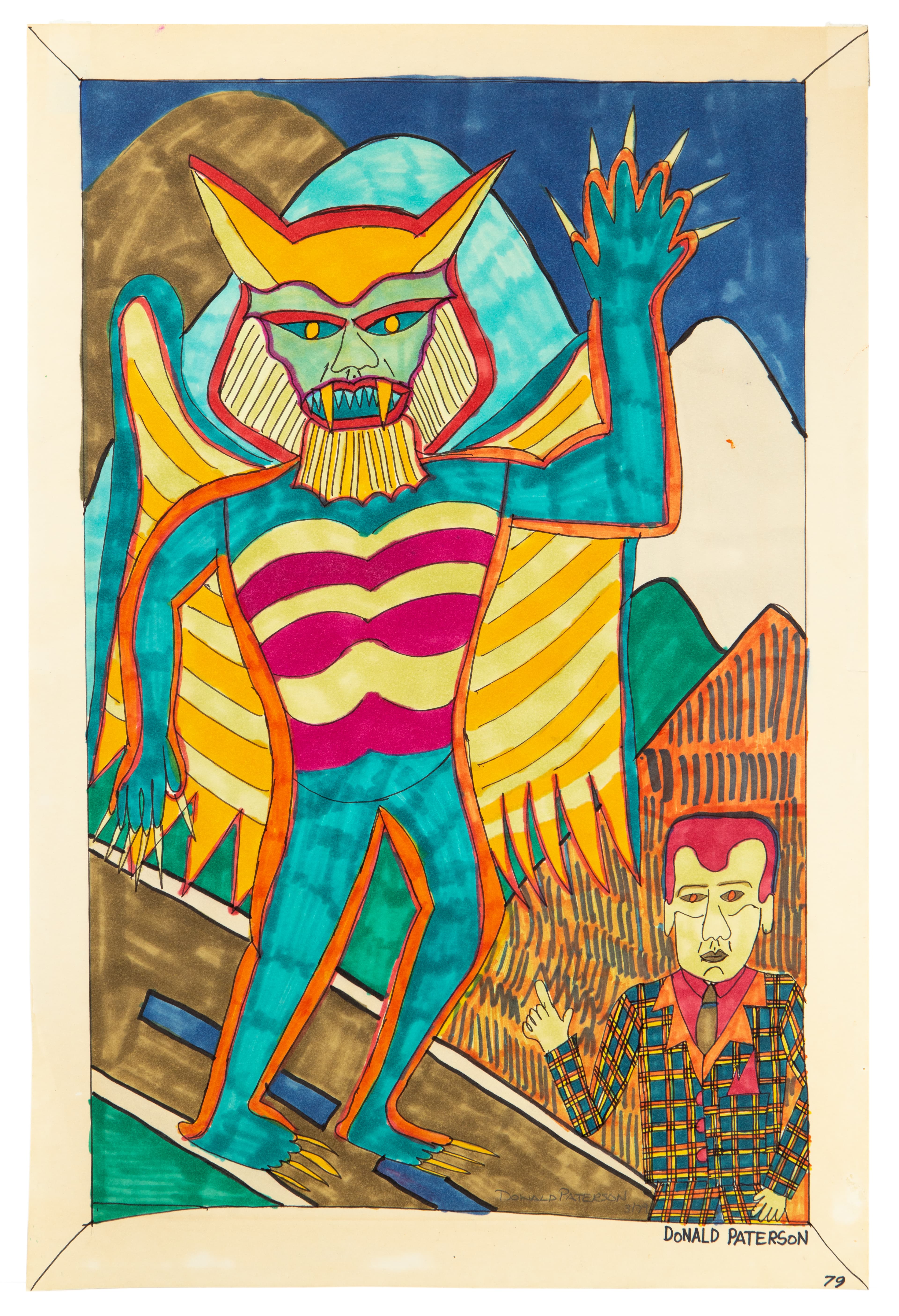 Colorful ink drawing of a horned demon-like figure with striped body towering over a smaller human figure