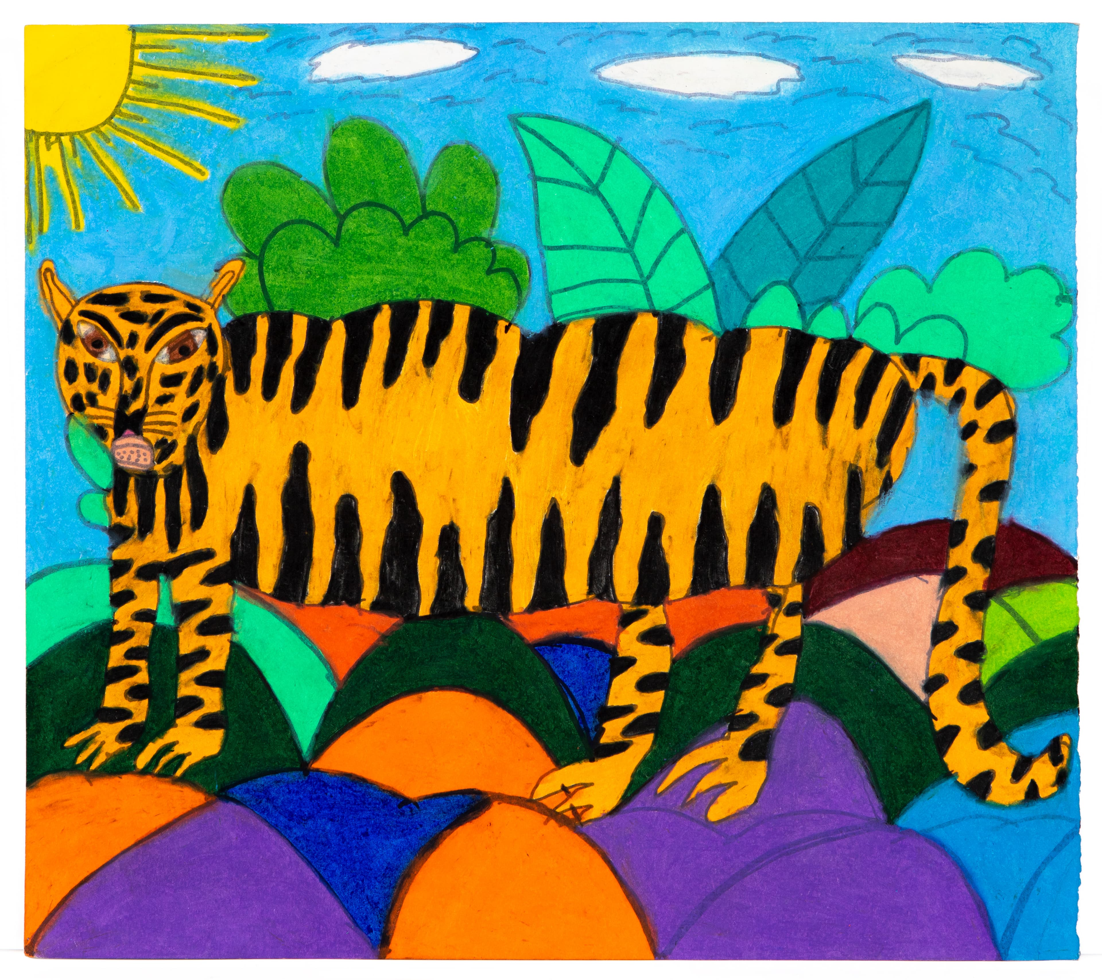 Colorful drawing of an orange and black striped tiger in a jungle setting with sun, clouds, and foliage