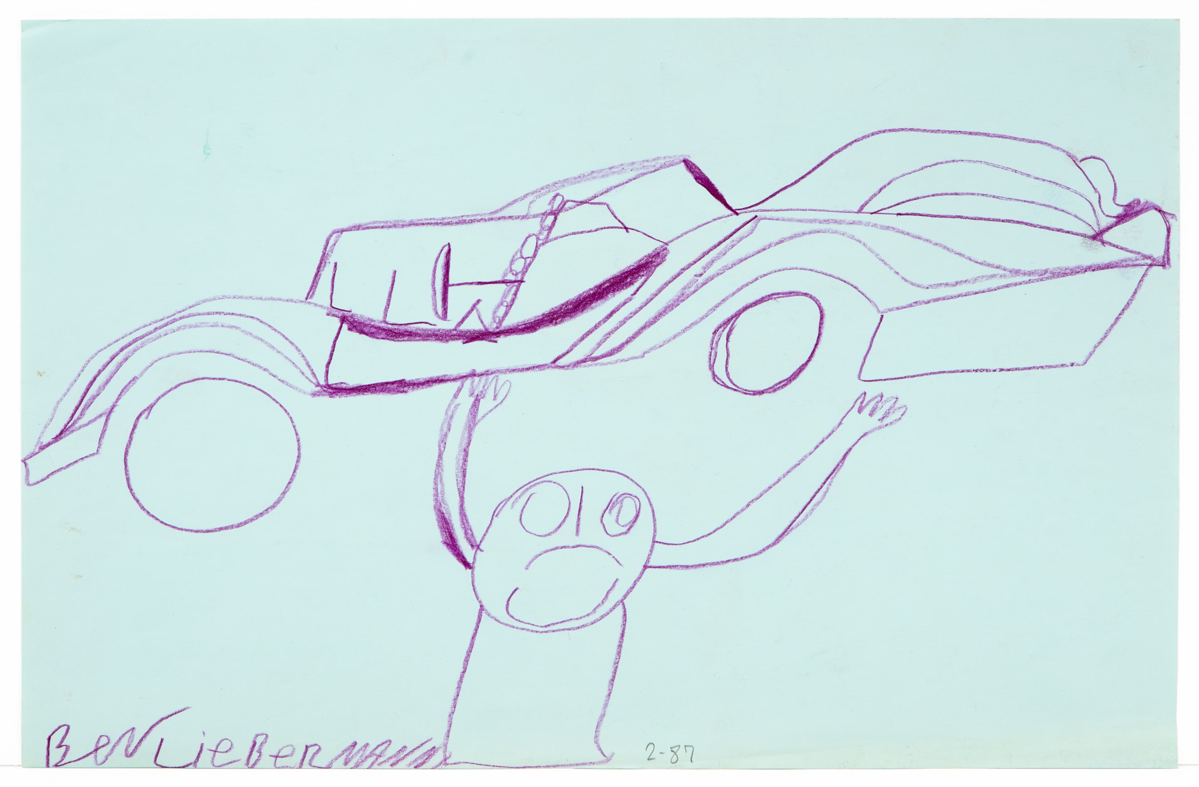 Drawing of a convertible car with flames and a figure below, purple colored pencil on light green paper