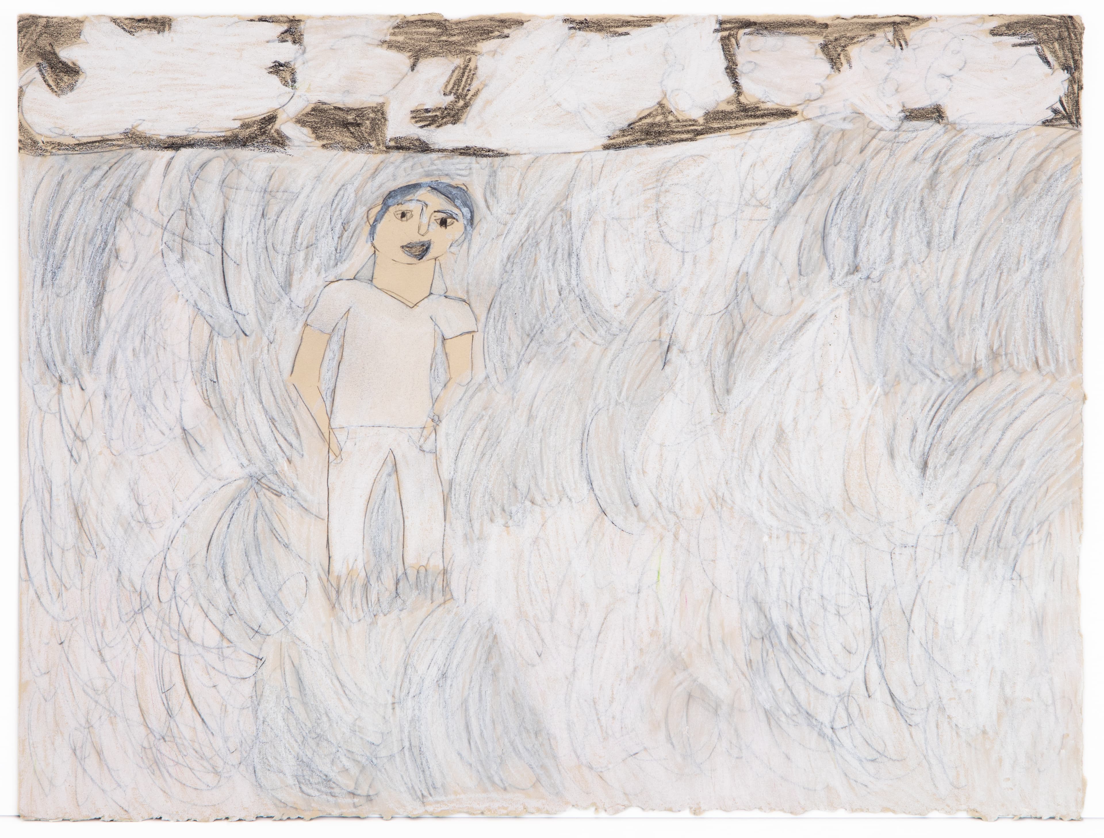 Pencil drawing showing a figure in white clothing standing amid swirling water or waves, with rocky formations above