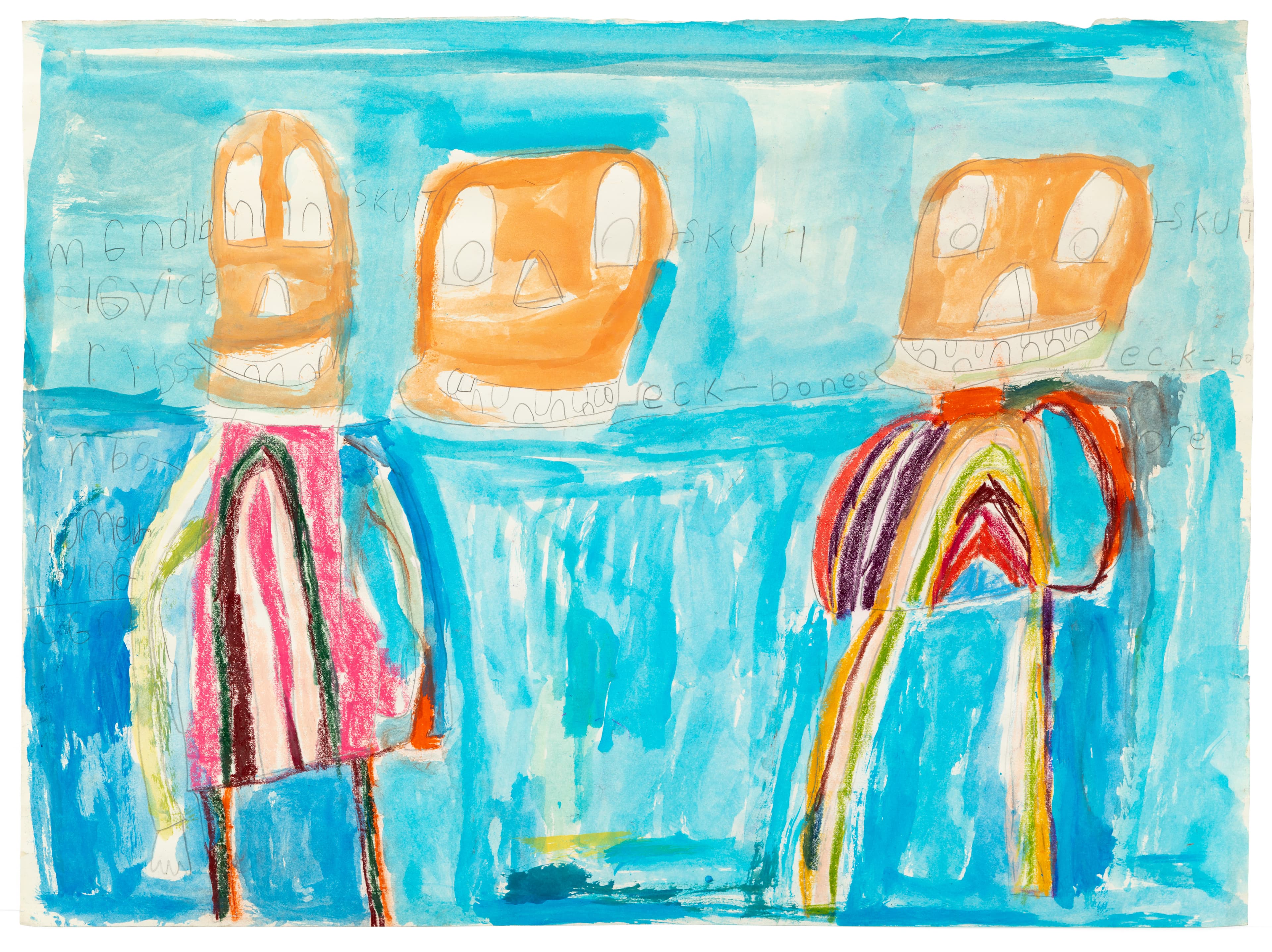 Mixed media drawing showing three orange skull-like heads floating above two standing figures on blue background
