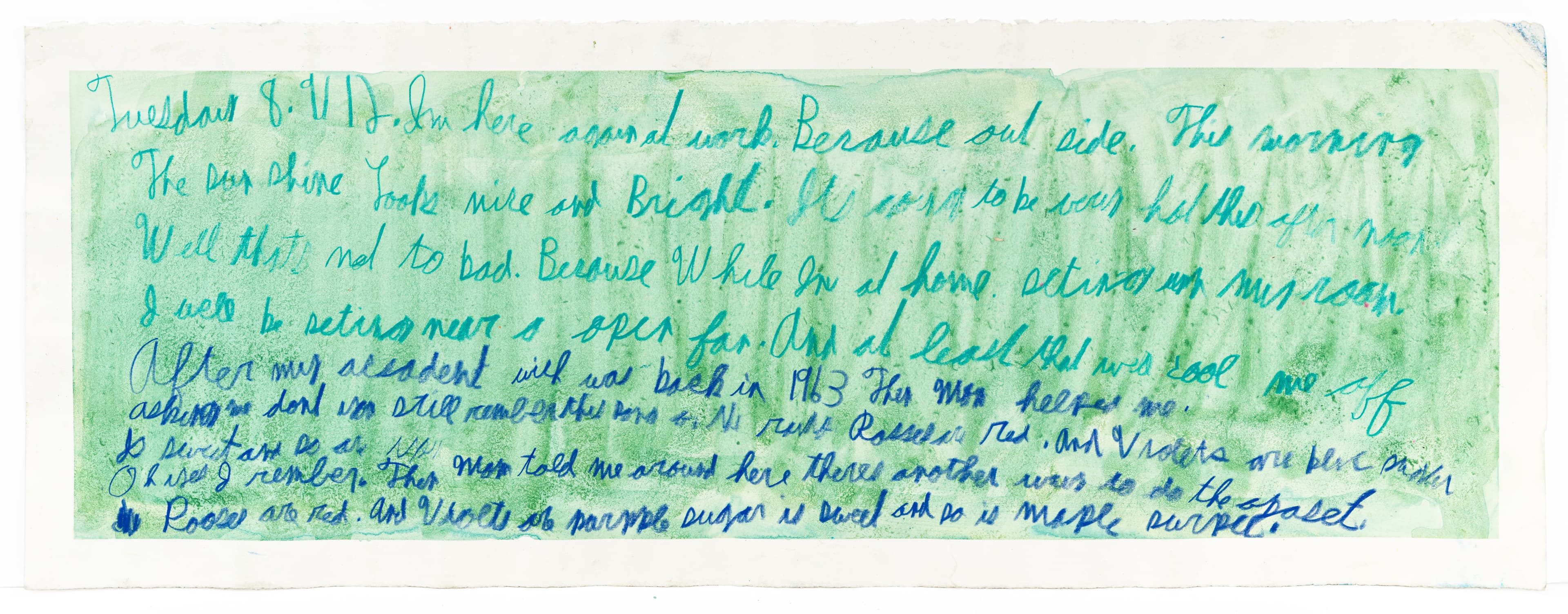 Handwritten text in blue ink on green watercolor background, horizontal rectangular format