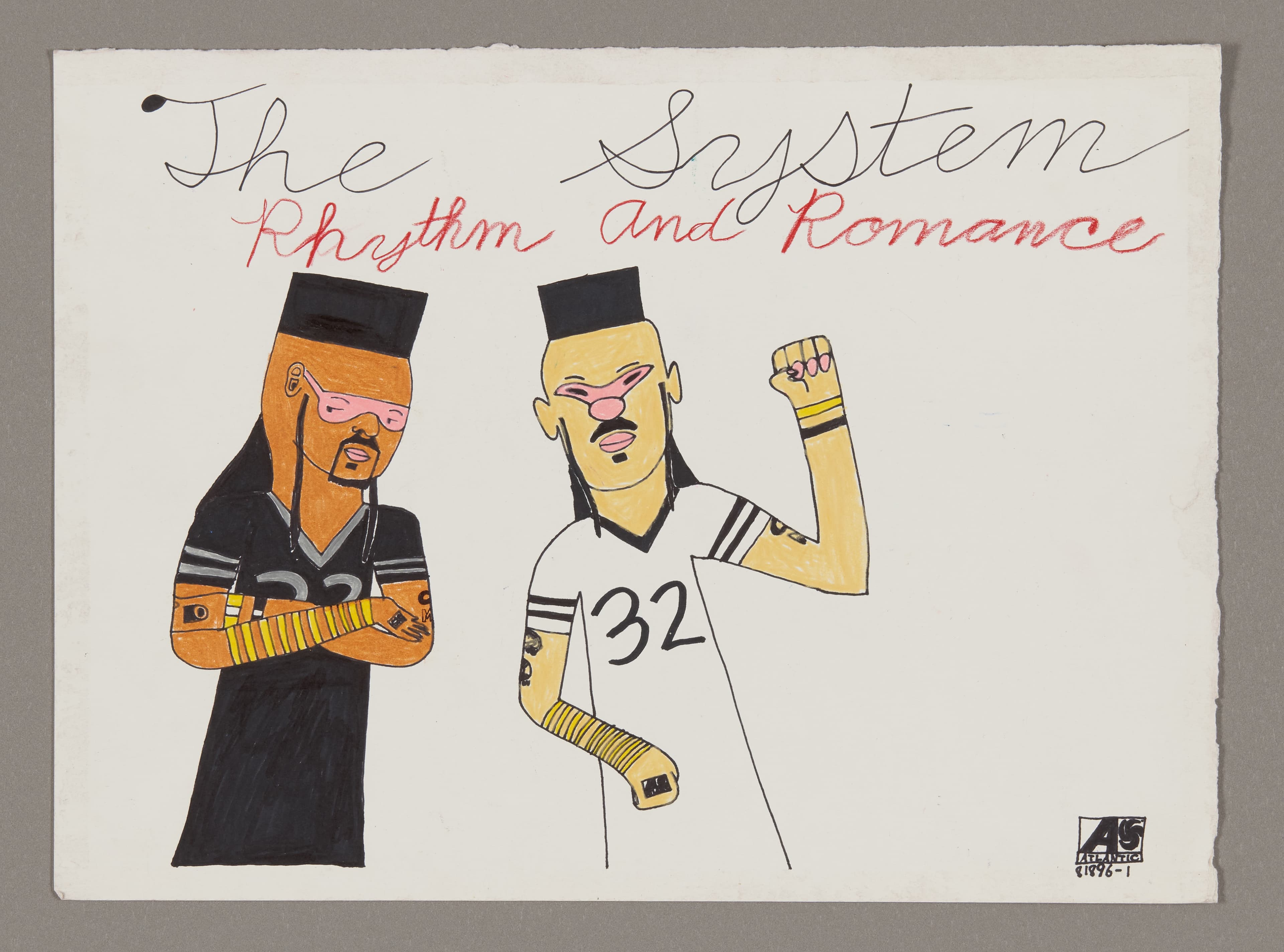 Drawing of two figures in athletic wear with black caps, titled 'The System Rhythm and Romance' in mixed media