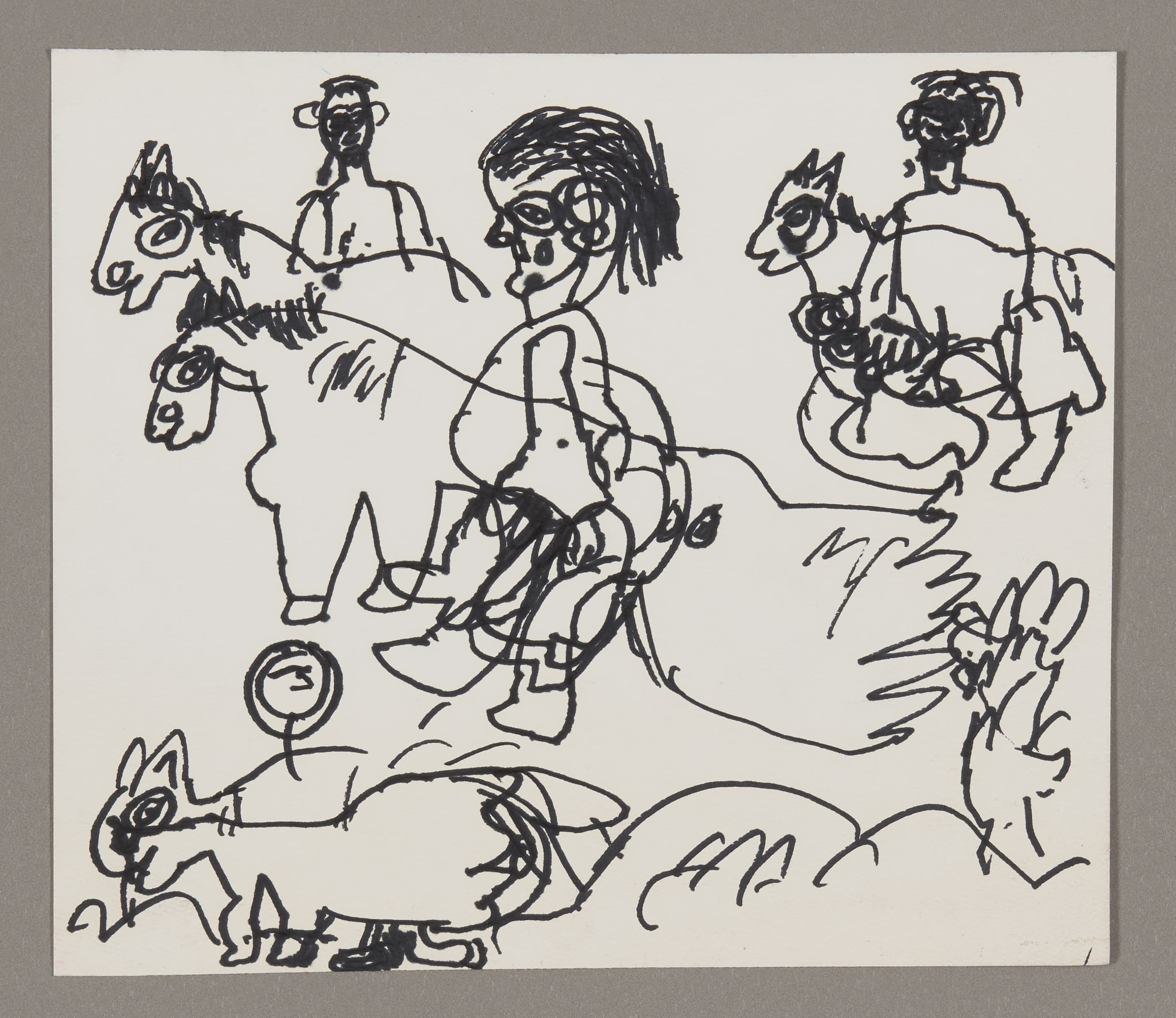 Black ink drawing on white paper showing multiple figures on horseback with energetic, loose line work