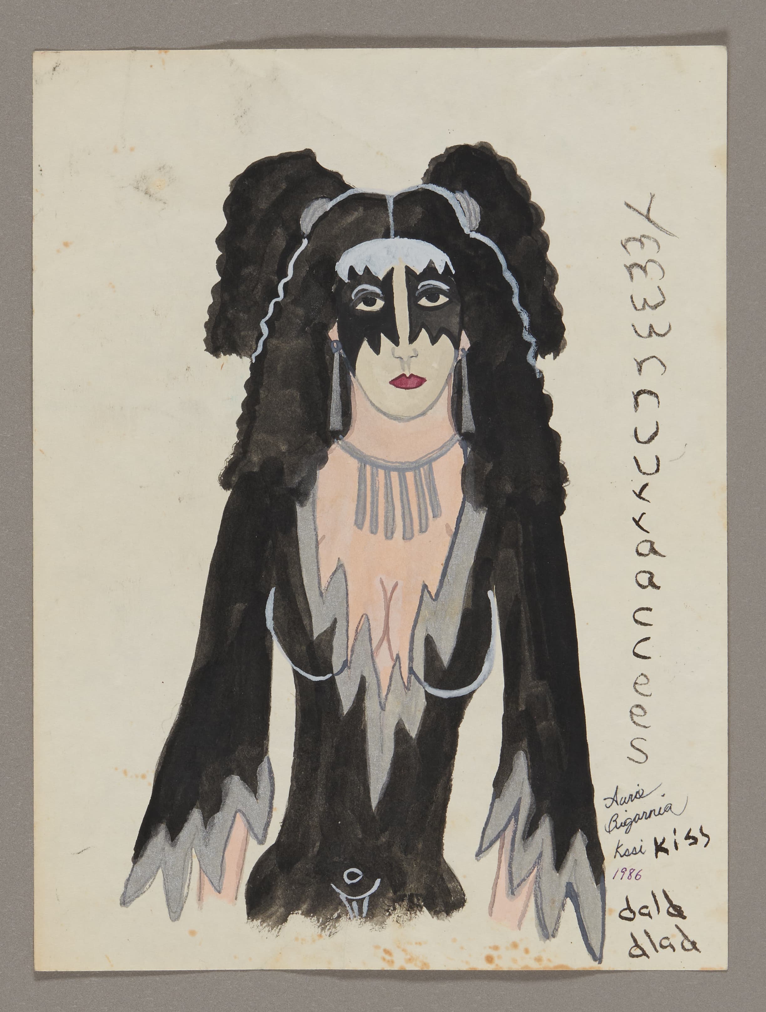 Portrait of figure with long black hair, face paint, and necklace in watercolor and ink on paper