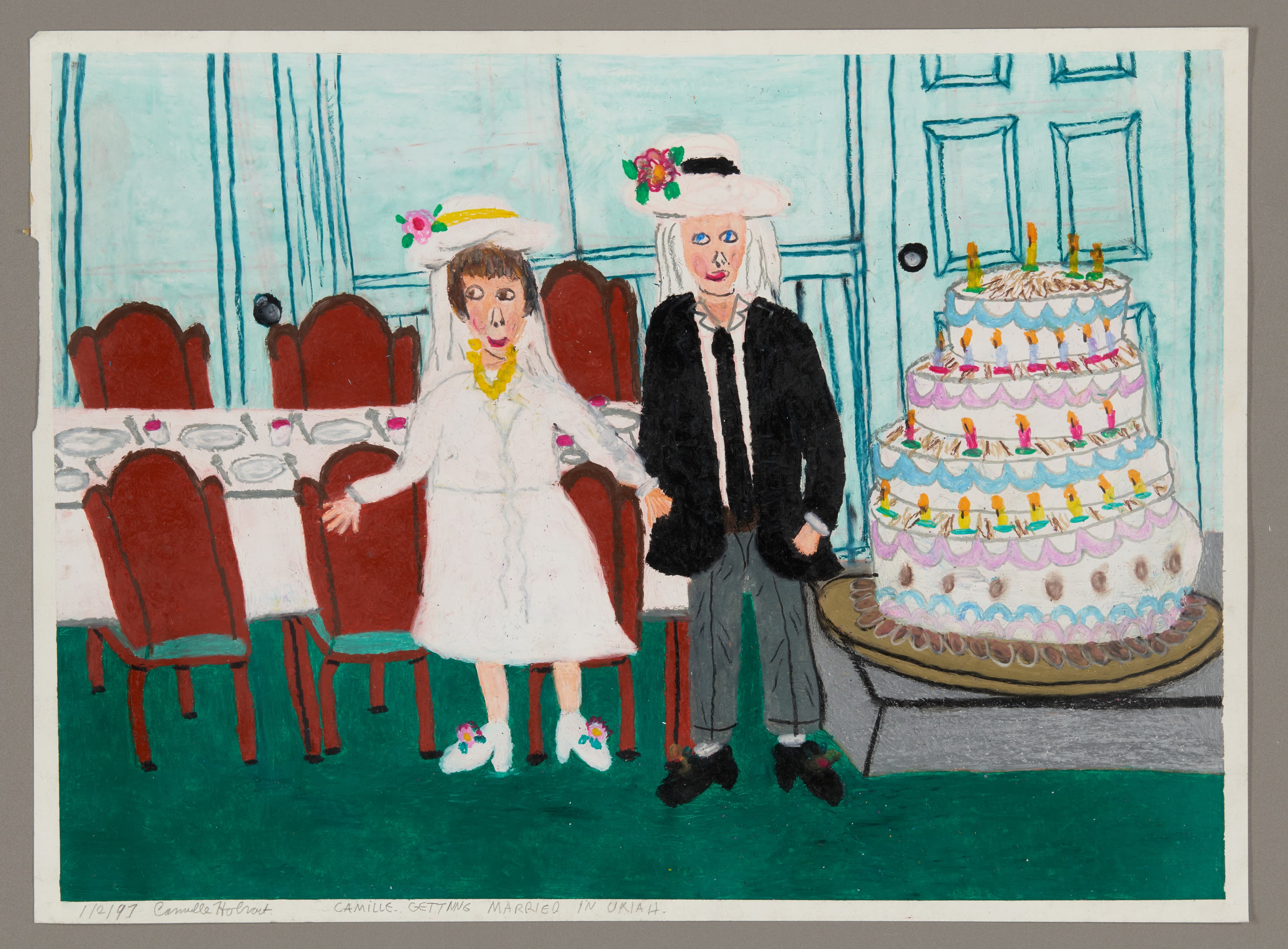 Oil pastel drawing of wedding scene with two figures, dining table, and multi-tiered cake in interior setting