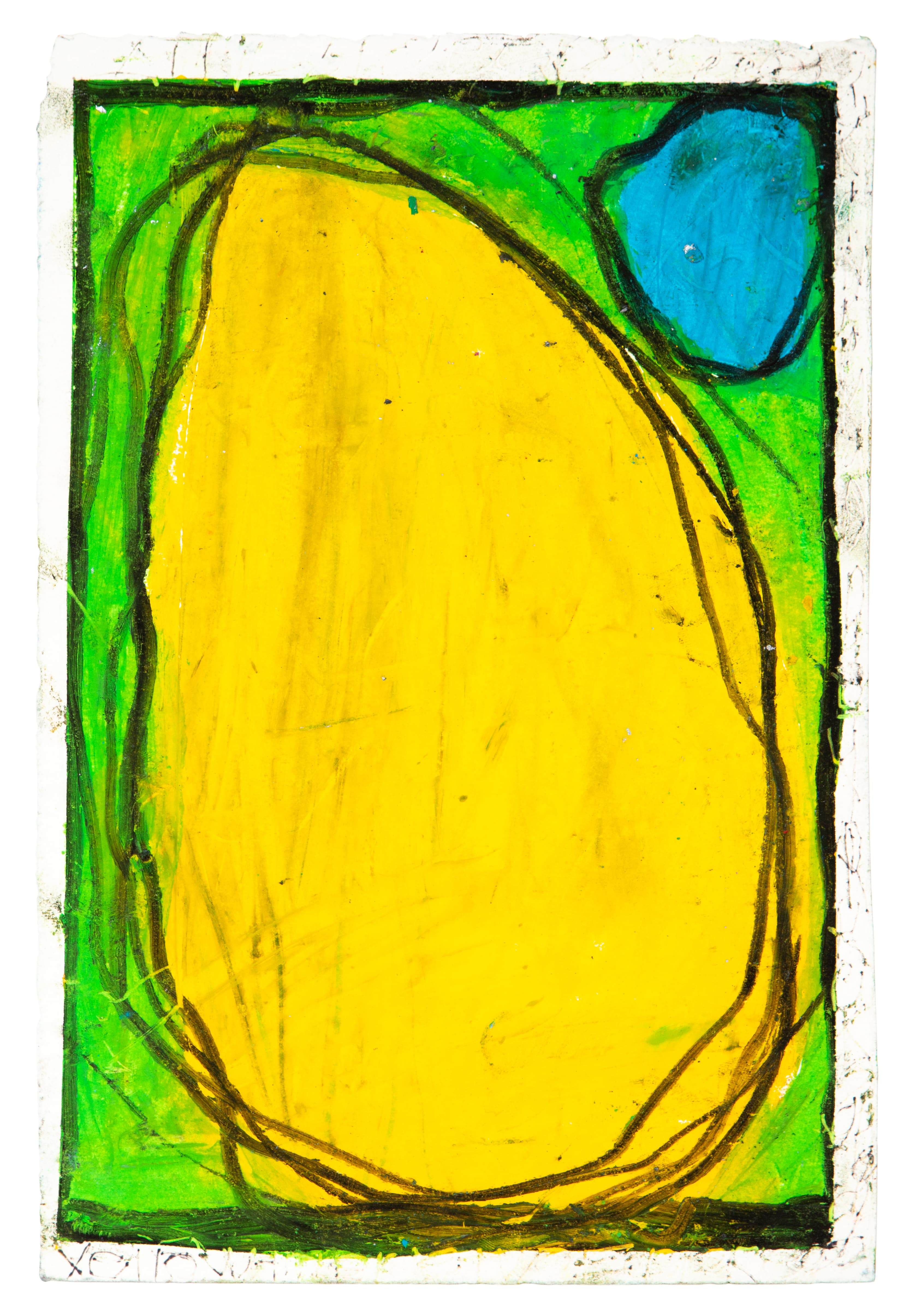 Abstract pastel drawing with large yellow oval shape, green background, and blue accent in upper right corner