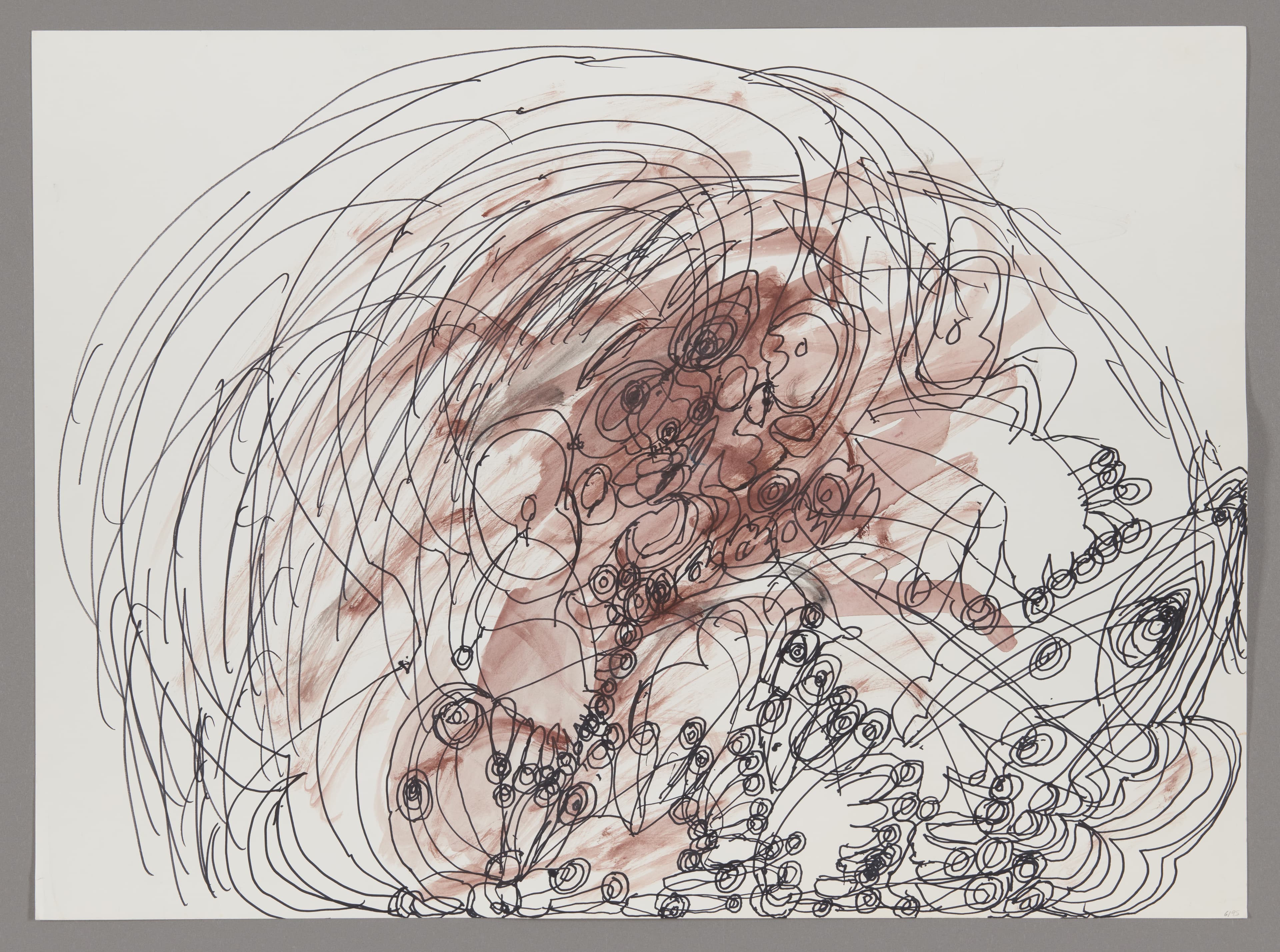Abstract drawing with swirling lines in ink and watercolor, featuring circular and spiral forms in pink and black